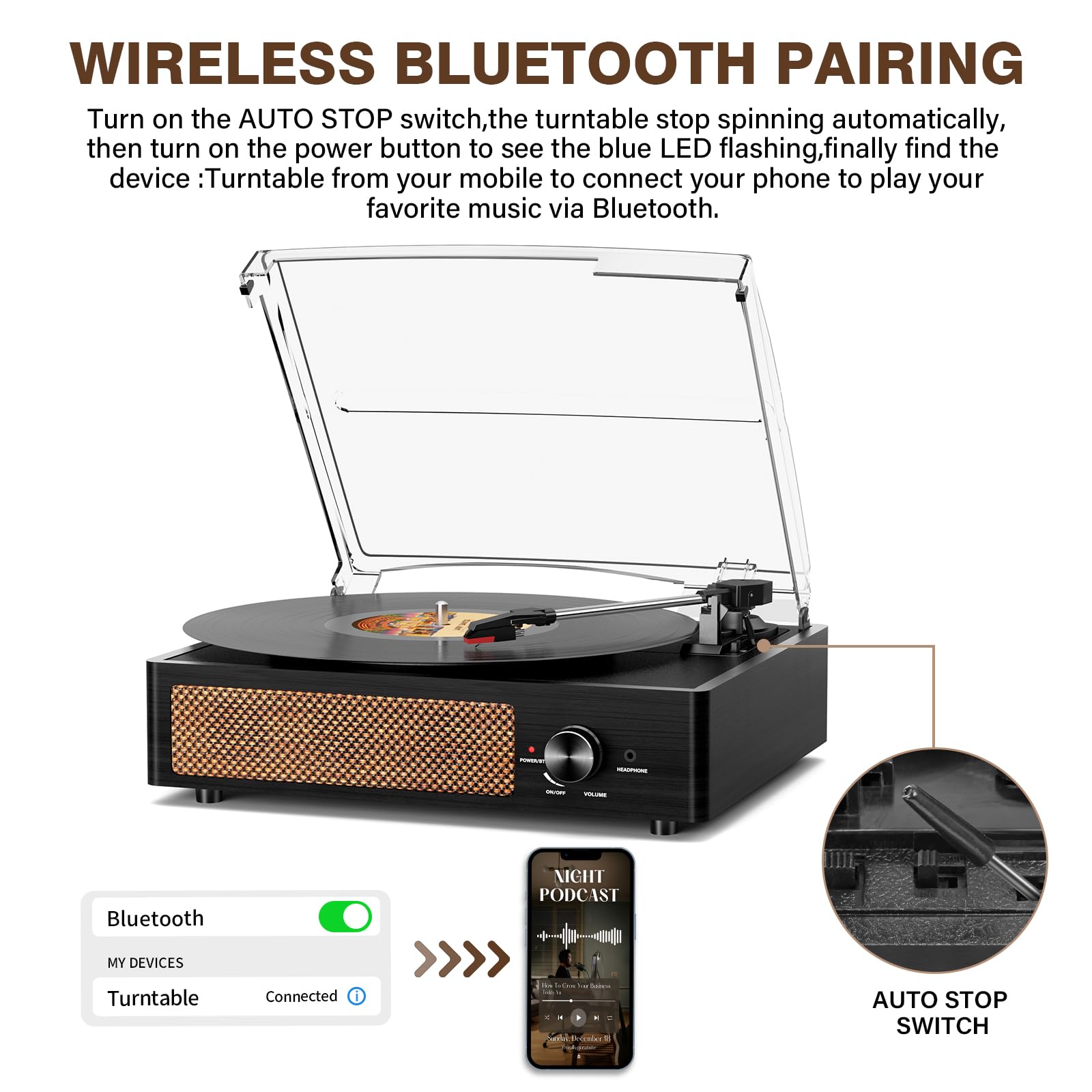 Giradischi per vinile con 2 altoparlanti integrati, giradischi in vinile LP con trasmissione a cinghia vintage 3 velocità 3 dimensioni, riproduzione wireless Bluetooth, ingresso AUX, uscita RCA