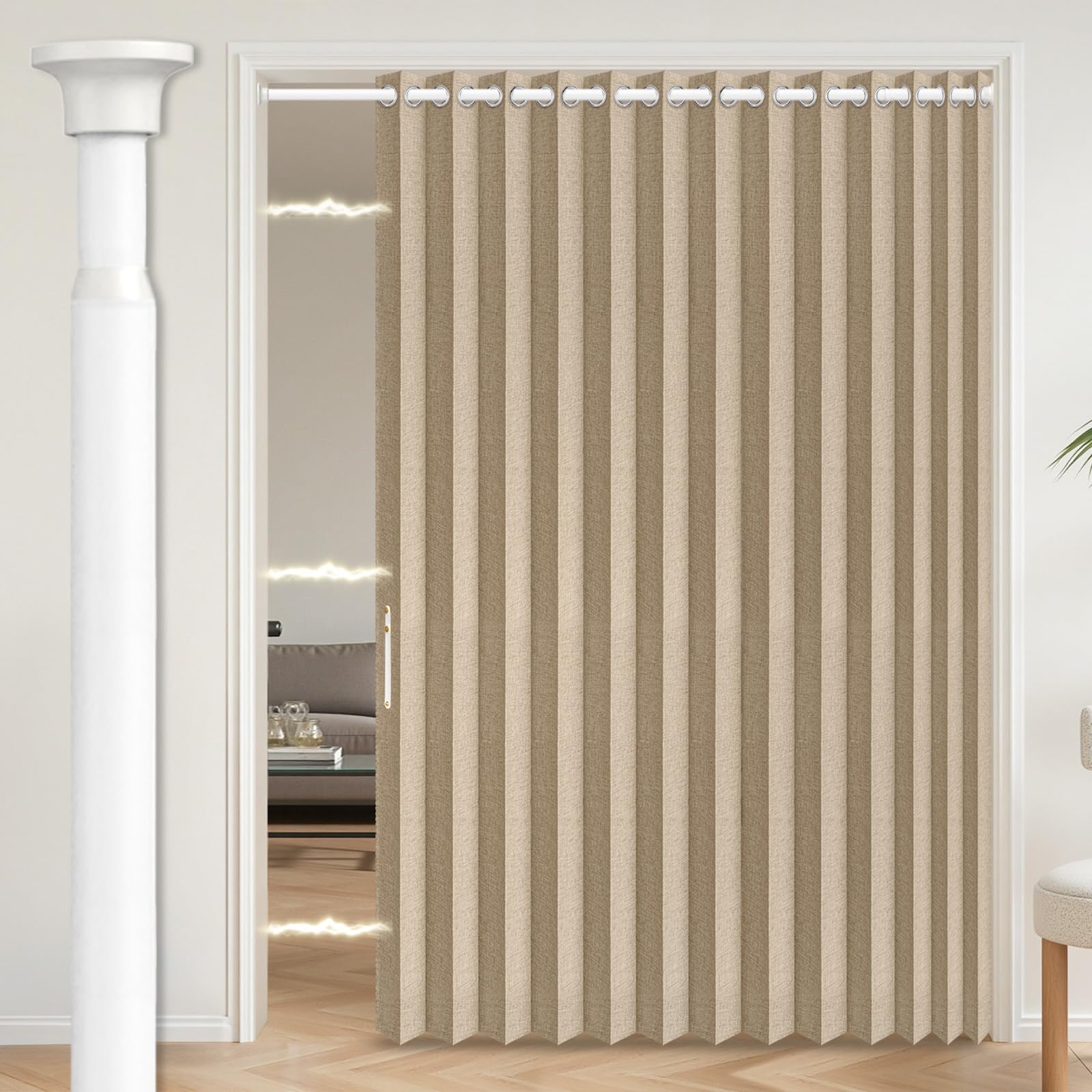 AJAZZ Blackout Accordion Door Curtain with Curtain Rods Adjustable 28-63" Long, Invisible Accordion Doors Interior for Bedroom Living Room Doorway Curtain Set, 1 Pack, W75 x L80 in, Brown
