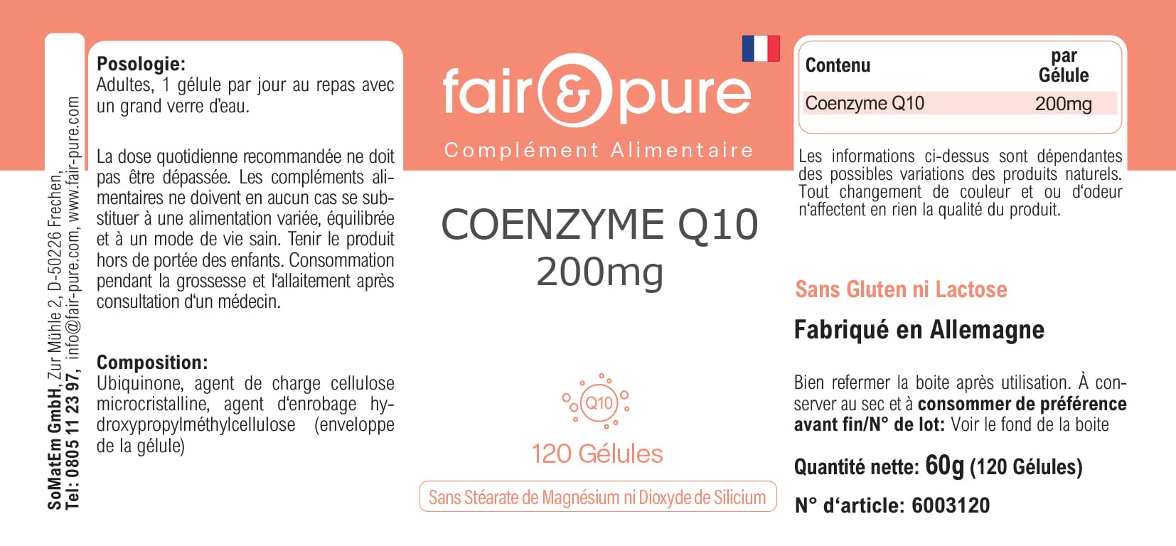 Fair & Pure Co-Enzyme Q10 Capsules 200mg, 120 pièces, complément alimentaire végétalien sans additifs, fabriqué en Allemagne