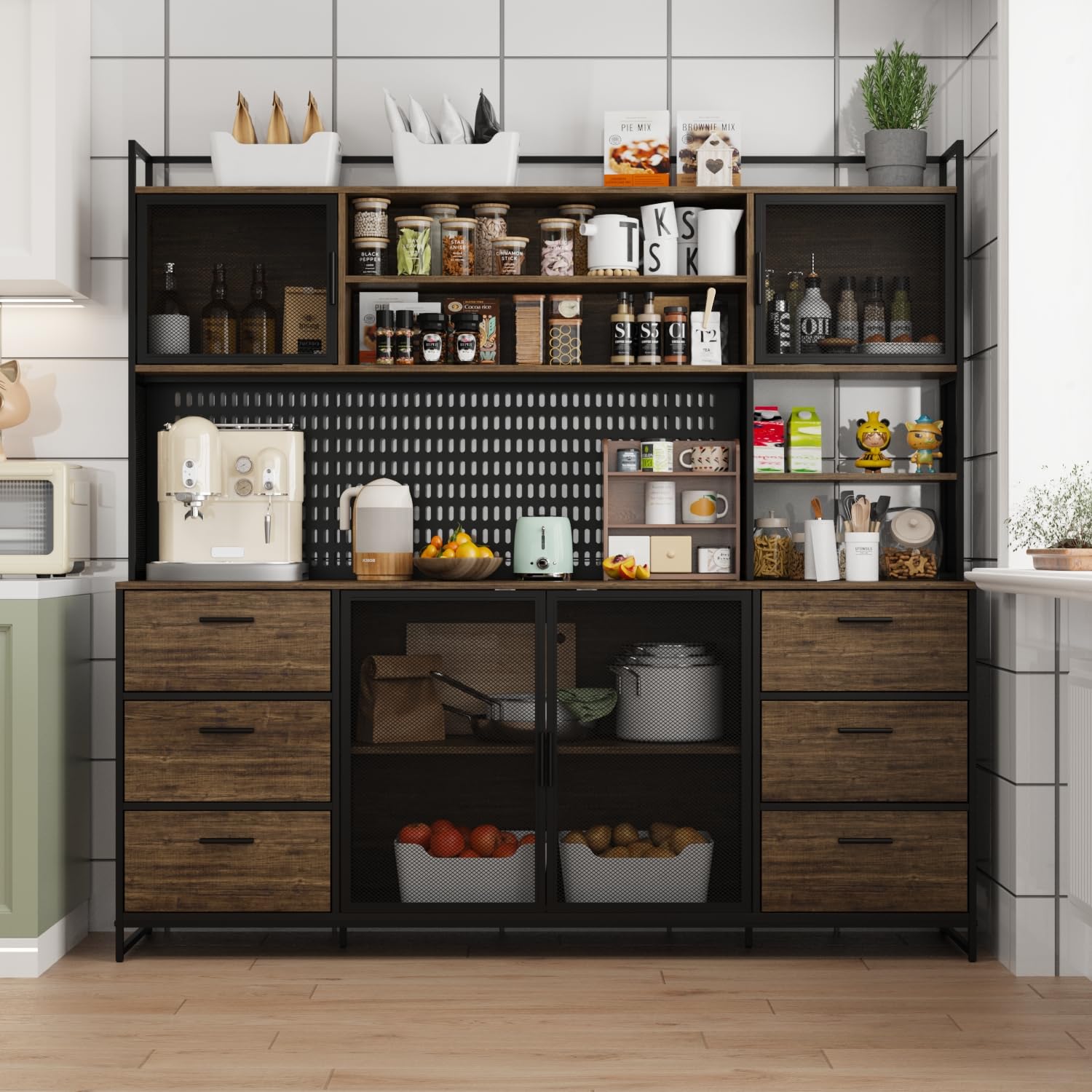 MOUMON Kitchen Pantry Cabinet with Hutch and 4 Doors, Pantry Storage Cabinet with Pegboard & Hutch, 6 Drawers and Shelves, Brown and Black, 15.7”D x