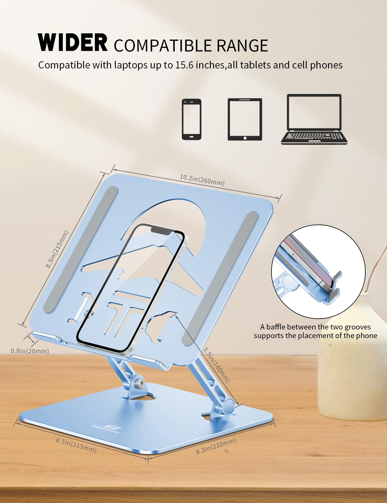 Soporte ajustable para computadora portátil, ergonómico, plegable y portátil, para disipador de calor, se adapta a portátiles de hasta 15.6 pulgadas (azul diamante)