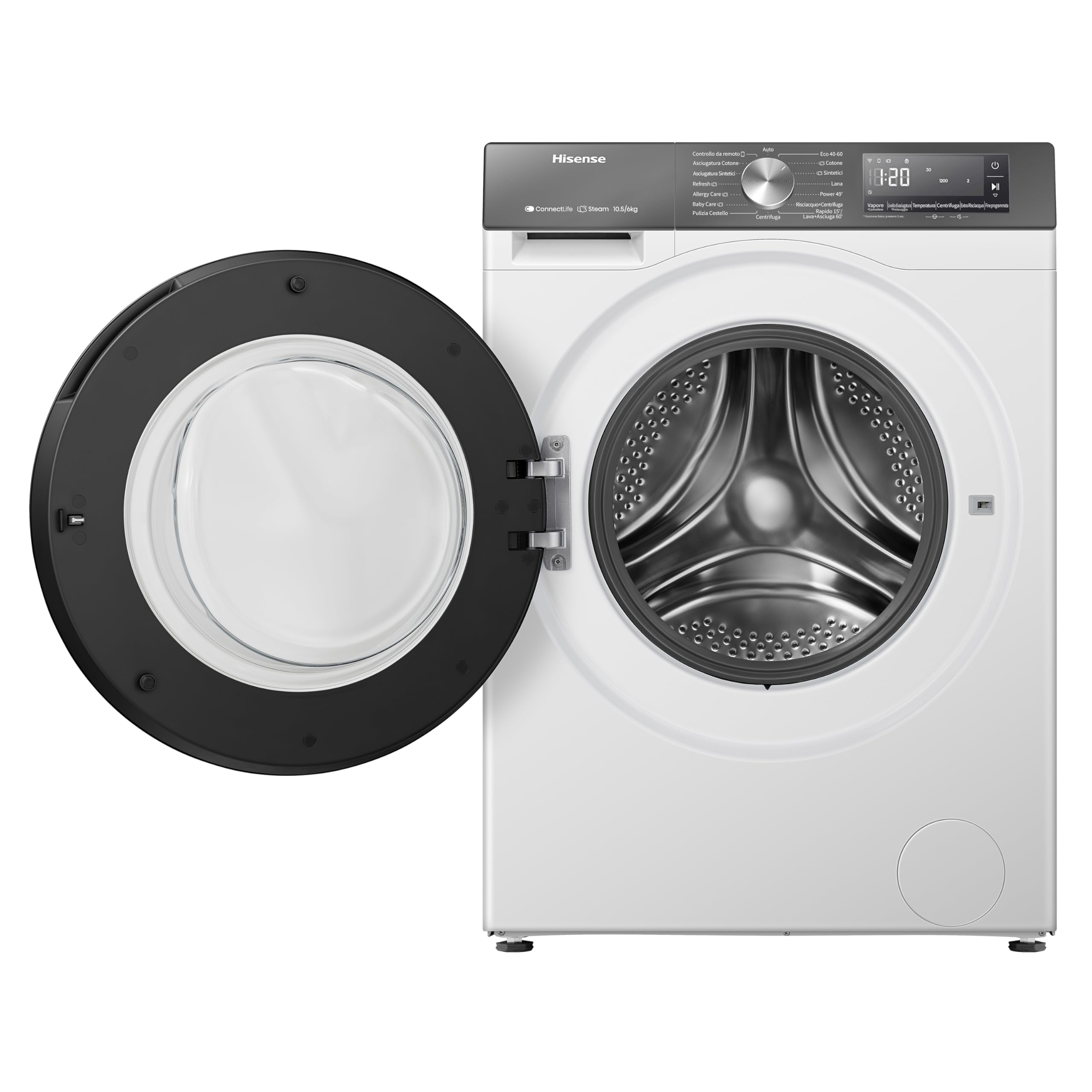 Hisense WD3S1043BW7 Lavasciuga 10,5 + 6 Kg, 1400 Rpm, 19 Programmi Automatici, Vapore, Motore Inverter, Classe Energetica A-20%/D, Display Led, Grigio, WiFi