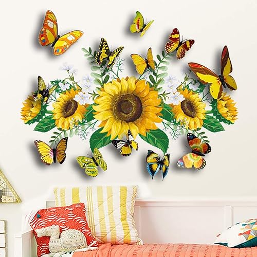 Miniatura 1 de Vinilo adhesivo de pared de girasol, calcomanías de pared de mariposas estéreos de colores 3D, calcomanías de pared extraíbles para despegar y