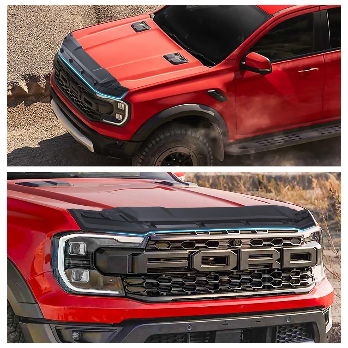 Protection contre les éclats de pierre et déflecteur d'insectes pour Ford Ranger 2023-2026 T9 Raptor Wildtrak X Wildtrak Platinum XL XLT Limited Tremor, protection de capot en ABS mat noir