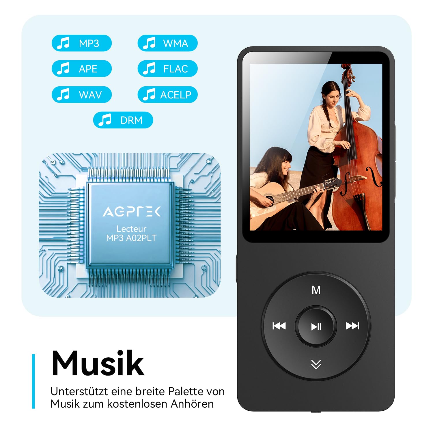 AGPTEK 64GB MP3 Player Bluetooth 5.3 mit Lautsprecher, 40 Stunden Akkulaufzeit Kleiner und klassischer Sport MP3 mit 1,8 Zoll Bildschirm, UKW-Radio (Ohne Kopfhörer), TF-Karte bis zu 128GB, Schwarz