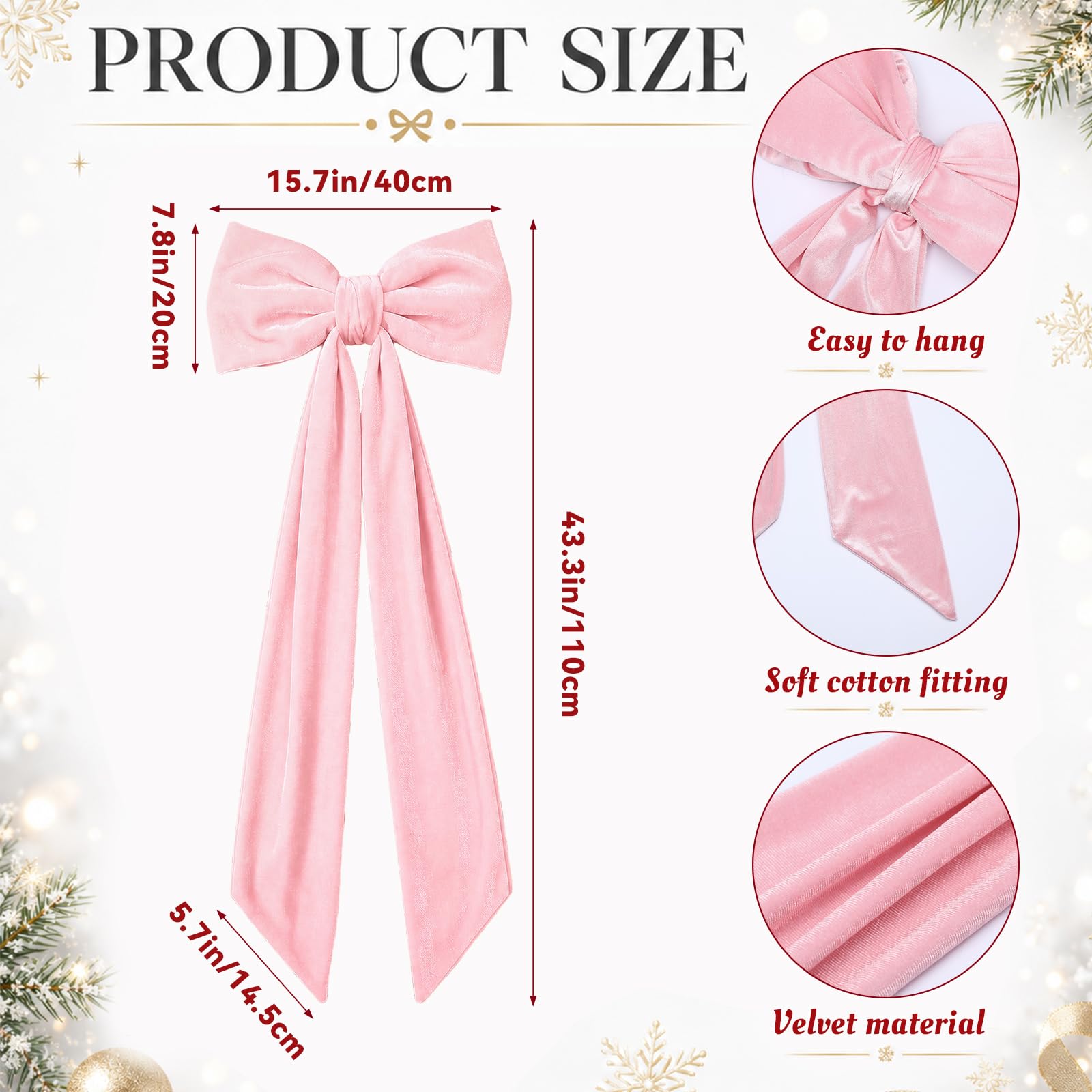 Gejoy Nœuds géants en velours rose extra larges pour cime de sapin de Noël – Décorations géantes pour maison, couronne, mur, toile de fond, mariage, vacances, décoration de fête – 119,4 x 40,6 cm