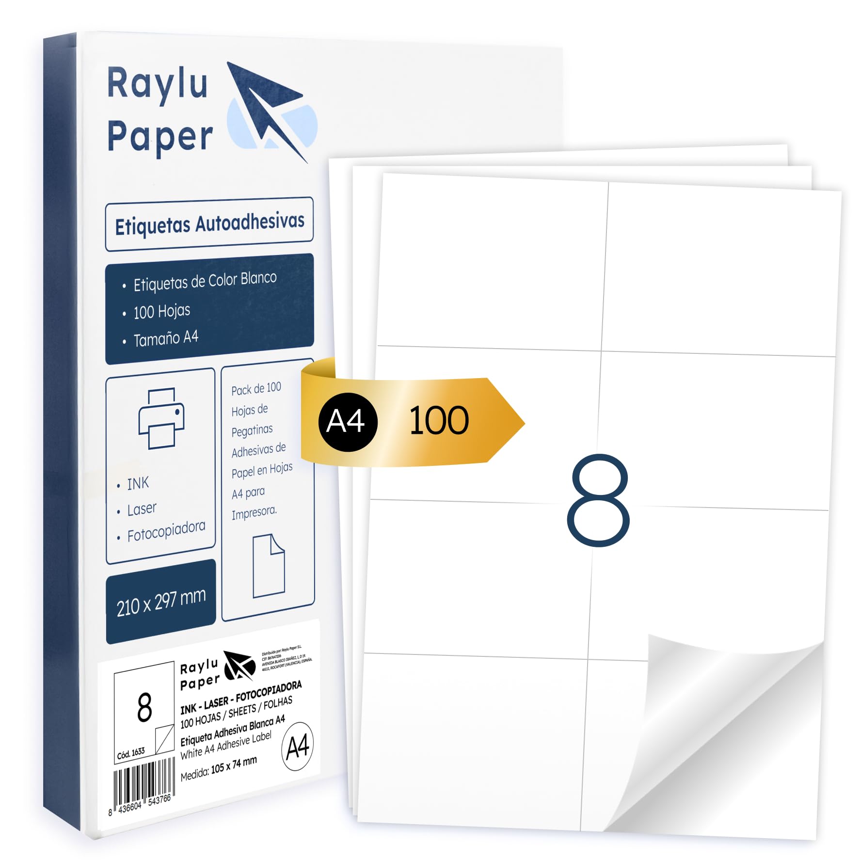 Raylu Paper ® - White Self Adhesive Labels for Printing, A4 Sheets Paper Adhesive Stickers for Inkjet Printer, Laser and Photocopiers, 8 Labels Per Sheet (105 x 74 mm)