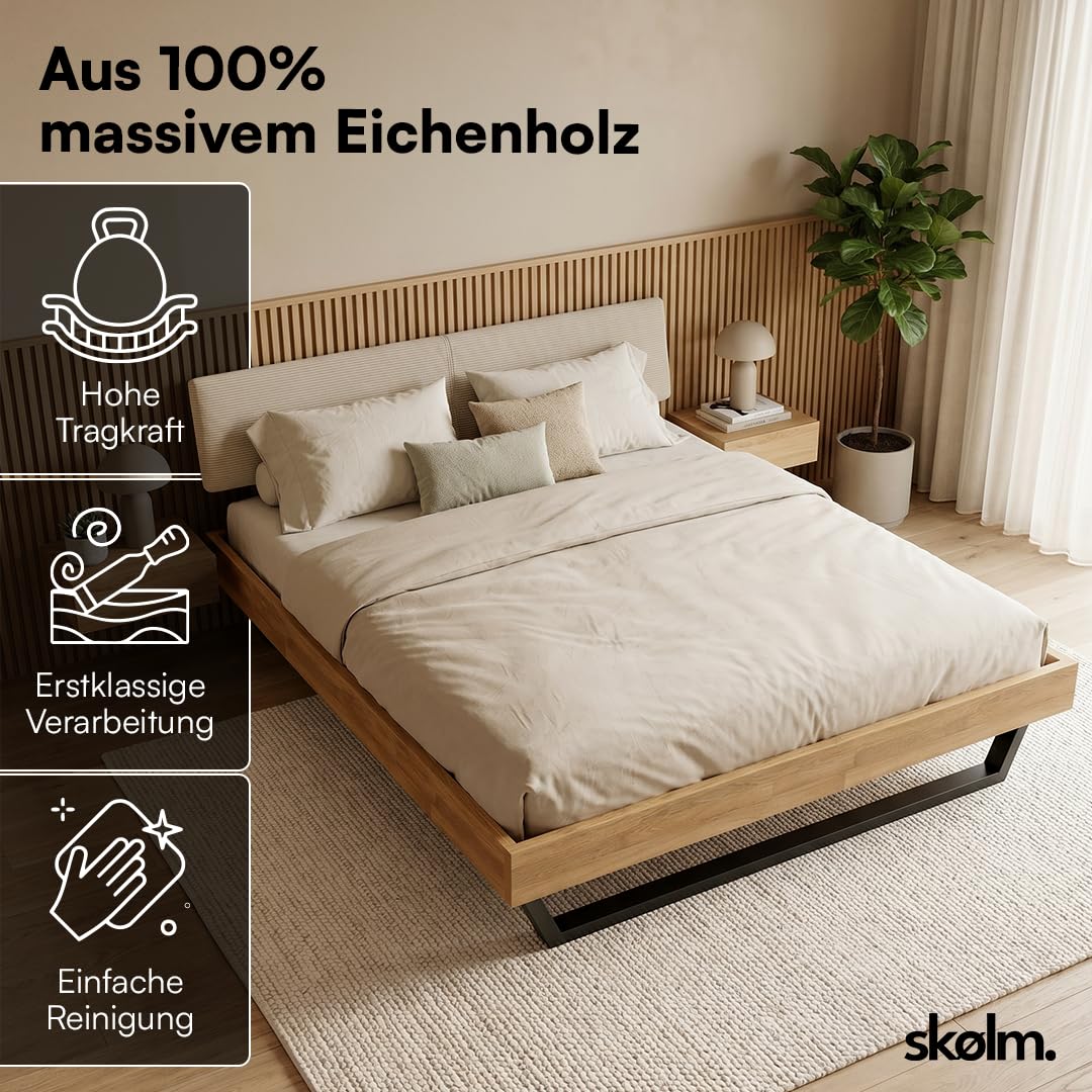 skølm Alver Massivholzbett Eiche 180x200cm, Bettkopf Cord Beige, in Natur