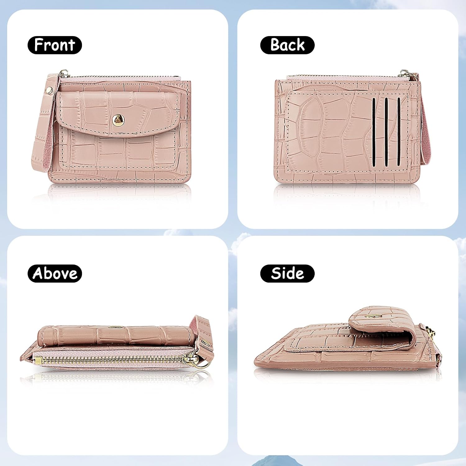 Small Change Purse with Strap, Coin Purse with 3 Credit Card Slots and 2 Pocket, Slim Credit Card Holder for Women with Zipper for Womens and Girls (Black)
