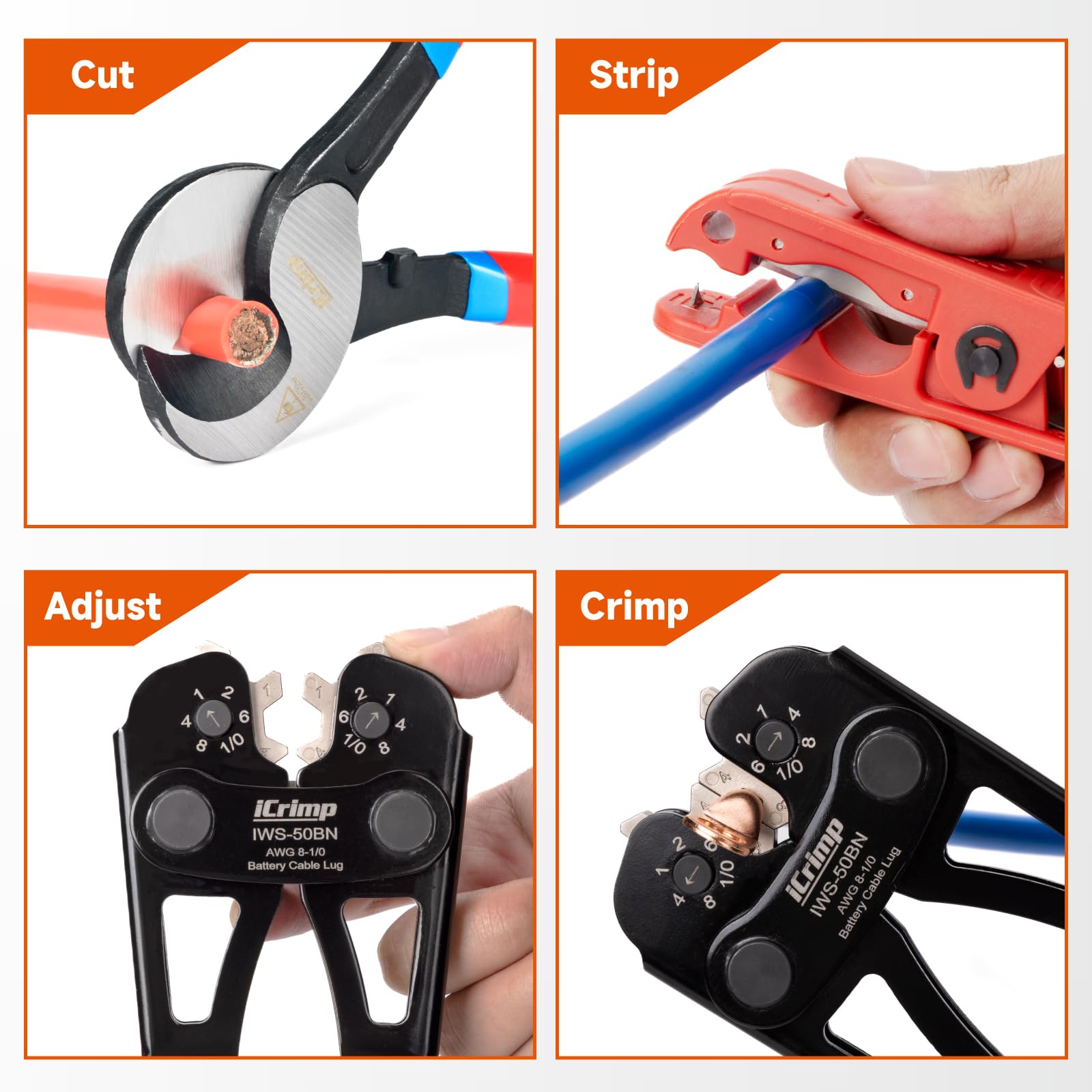 iCrimp Herramienta de crimpado de terminales de cable de batería para 8, 6, 4, 2, 1, 1/0 AWG | Adecuado para terminales de cable de cobre, crimpadora de terminales de batería
