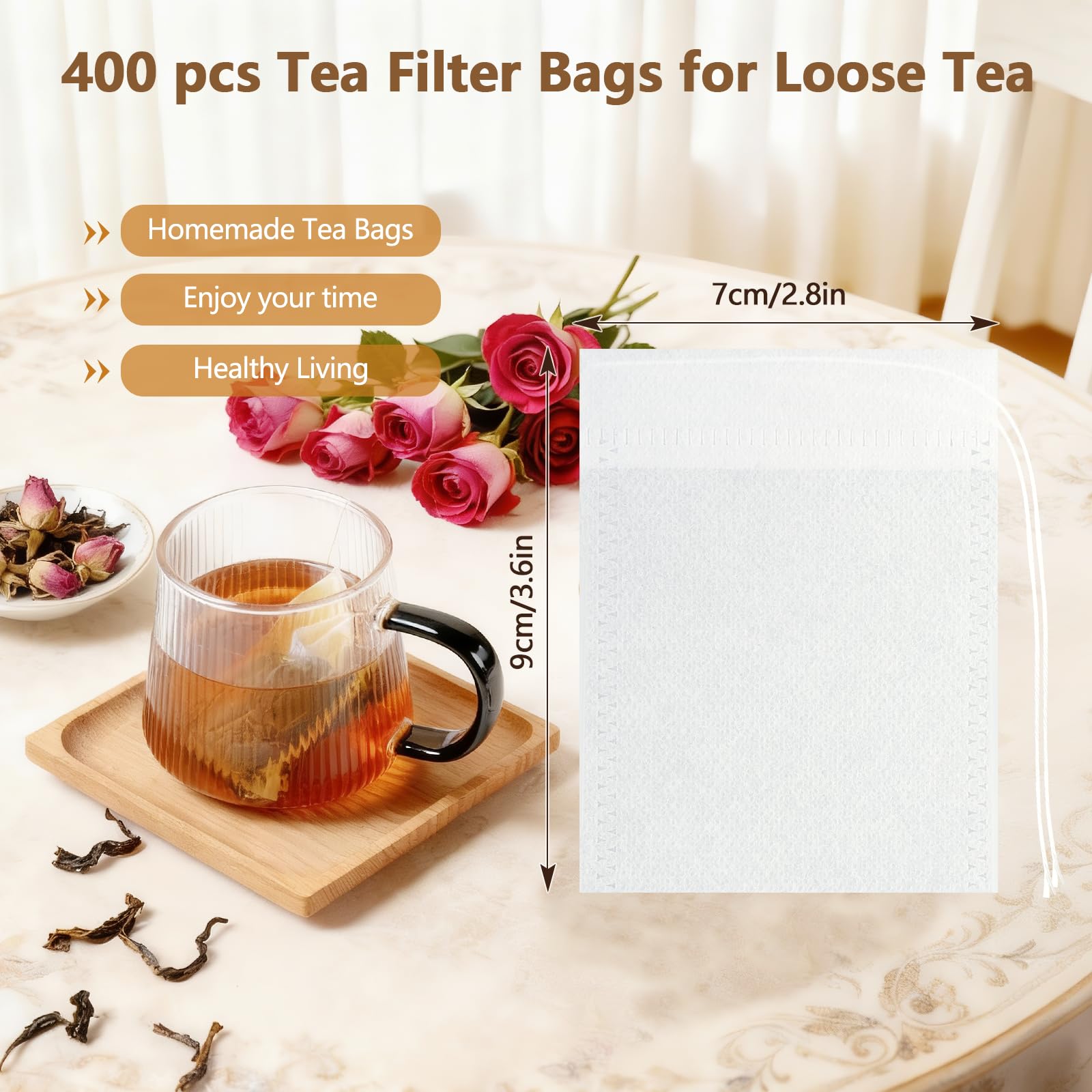Vinabo 400 Filtre à Thé Jetable, Sachet The a Remplir Jetable avec Cordon de Serrage, 7 X 9 cm Sachet de Thé Réutilisable, pour Thé En Vrac, Café, Thé de Fleurs, Herbes, Epices, Lavande (Lot de 5)