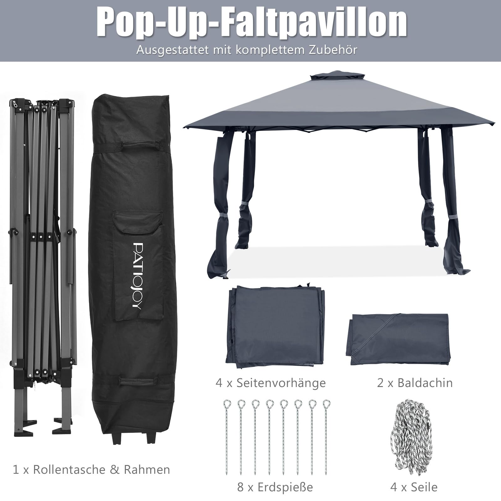 COSTWAY Pawilon 4 x 4 m, rozkładany pawilon z podwójnym dachem, wodoodporny, stabilny, ochrona UV 50+, pawilon ogrodowy z torbą transportową na rolkach, namiot ogrodowy na taras, do ogrodu (szary)