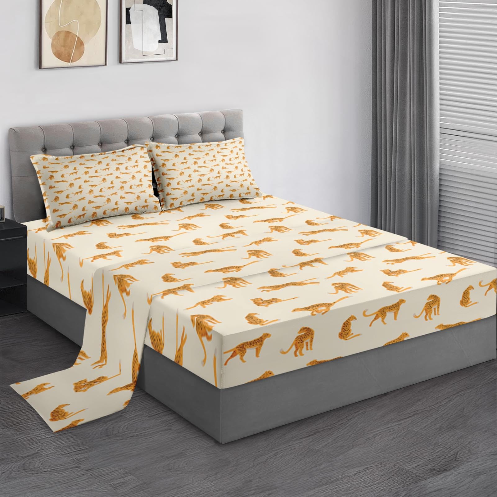 Pamnest Full Size Bed Sheet Sets, Cheetah Leopard Family Soft Microfiber 4 Pcs Bedding Sets for Kids and Adults Bedroom Bed Decor, Cat Animal Flat,