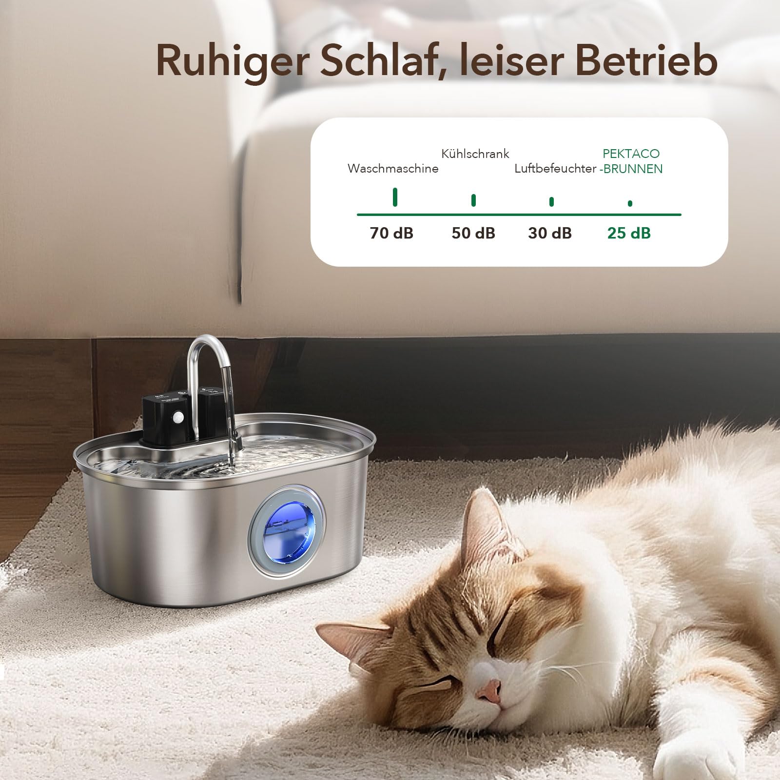 Fontana per gatti senza fili in acciaio inossidabile: fontana a batteria per interni, distributore automatico di acqua con sensore di movimento, pompa ultra silenziosa, Inclusi 3 Filtri di Ricambio
