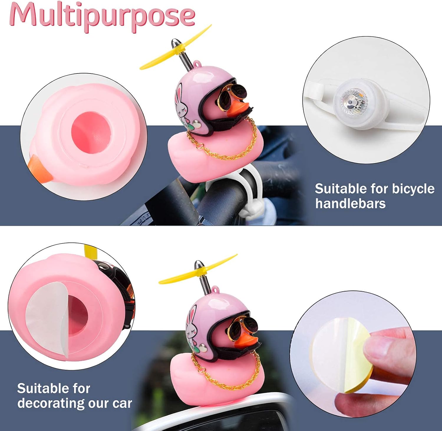 wonuu Rubber Duck Car Ornaments Pink and Yellow Duck Bike Bell Cute Duck Car Dashboard Decorations Squeeze Duck Bicycle Horns with Propeller Helmet, Glasses and Gold Chain