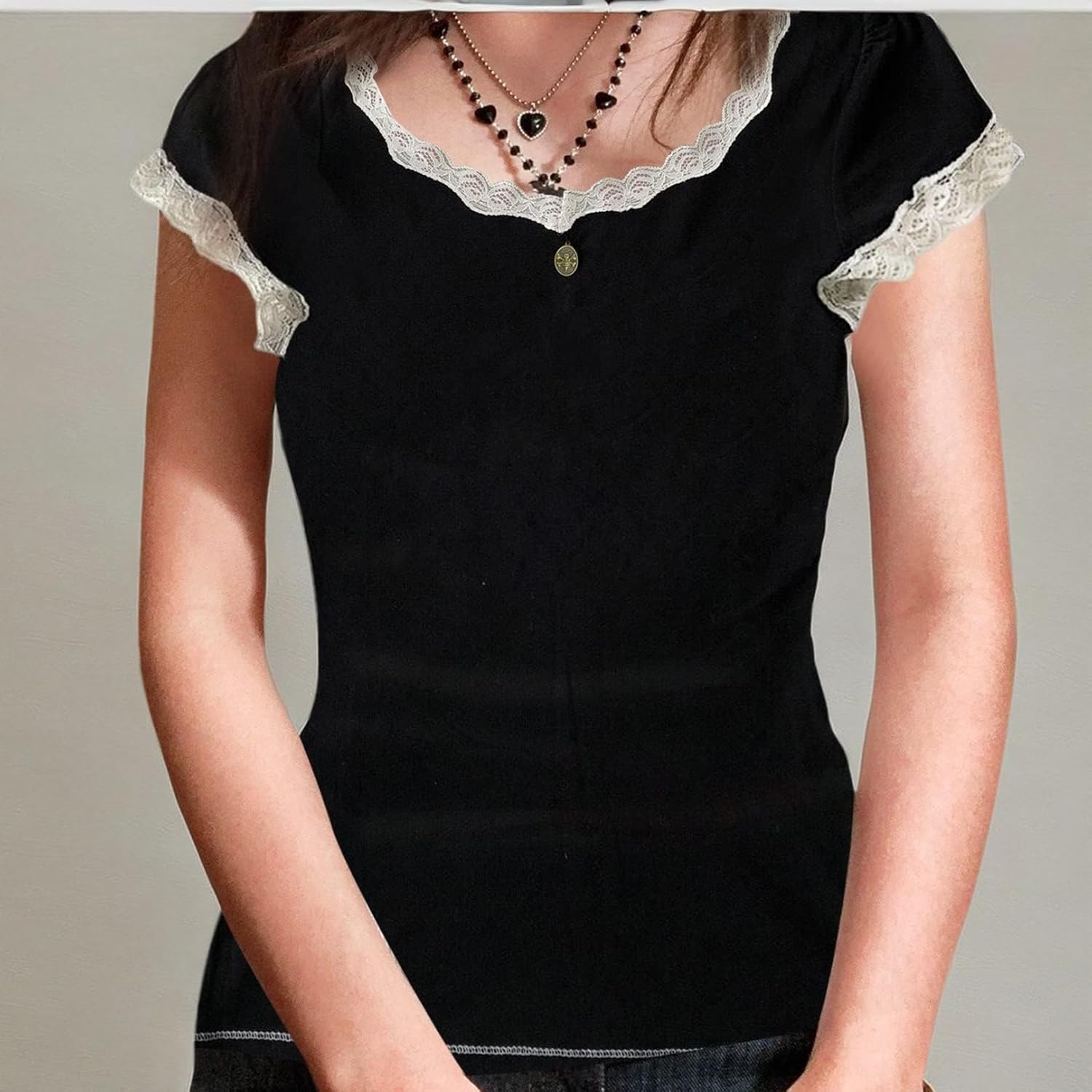 Womens E-Girls Short Sleeve T-Shirt Y2k Lace Trim Crop Tops Crewneck Fairy Grunge Tee Tops Aesthetic Summer Clothes - Image 5