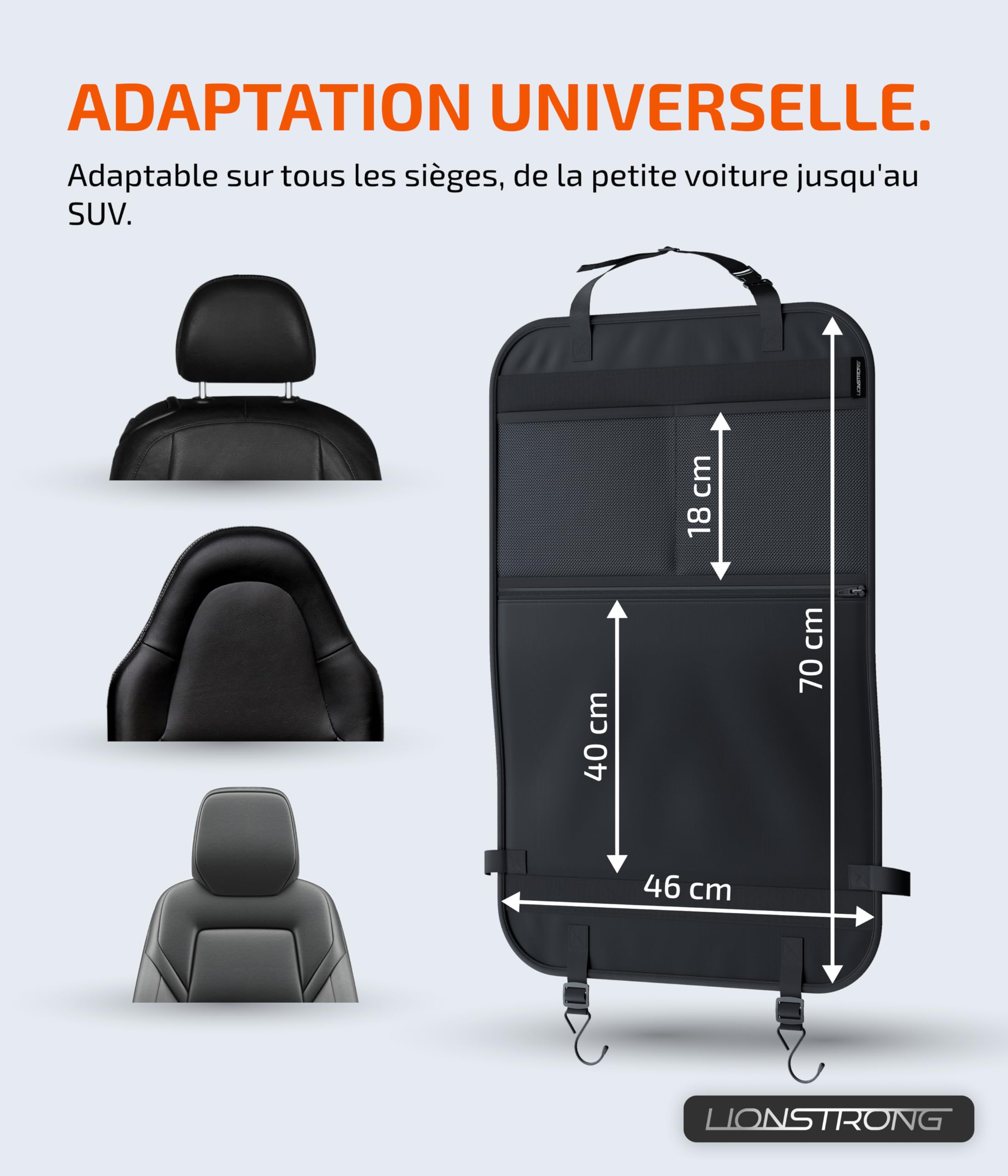 LIONSTRONG Organisateur de voiture - protecteurs de siège de voiture - kick mats - pour siège auto avec grande poche - 2 pièces
