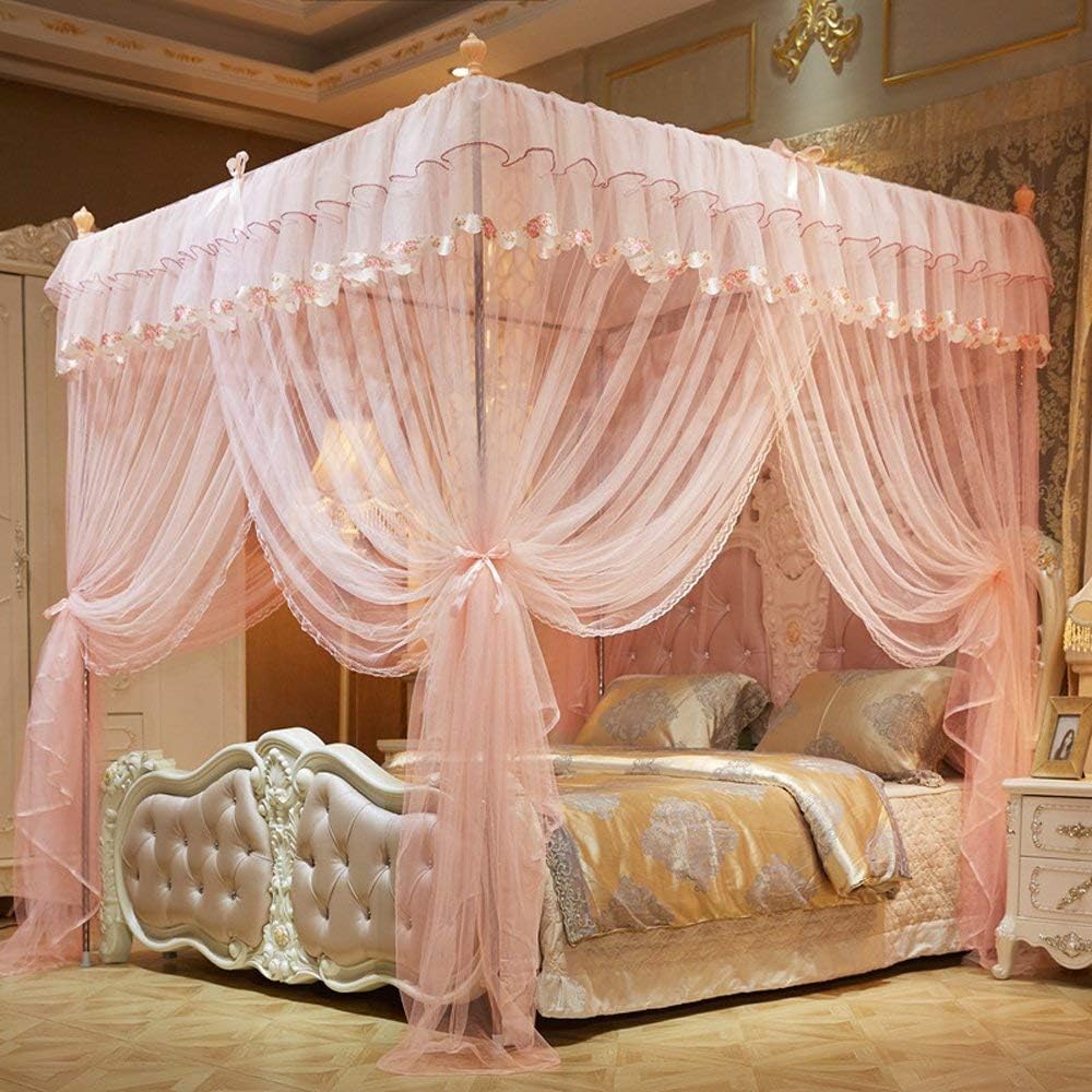Mengersi Flowers 4 Corner Canopy Bed Curtains, Bed Canopy for Girls Kids Toddlers Crib(Queen,Peach)