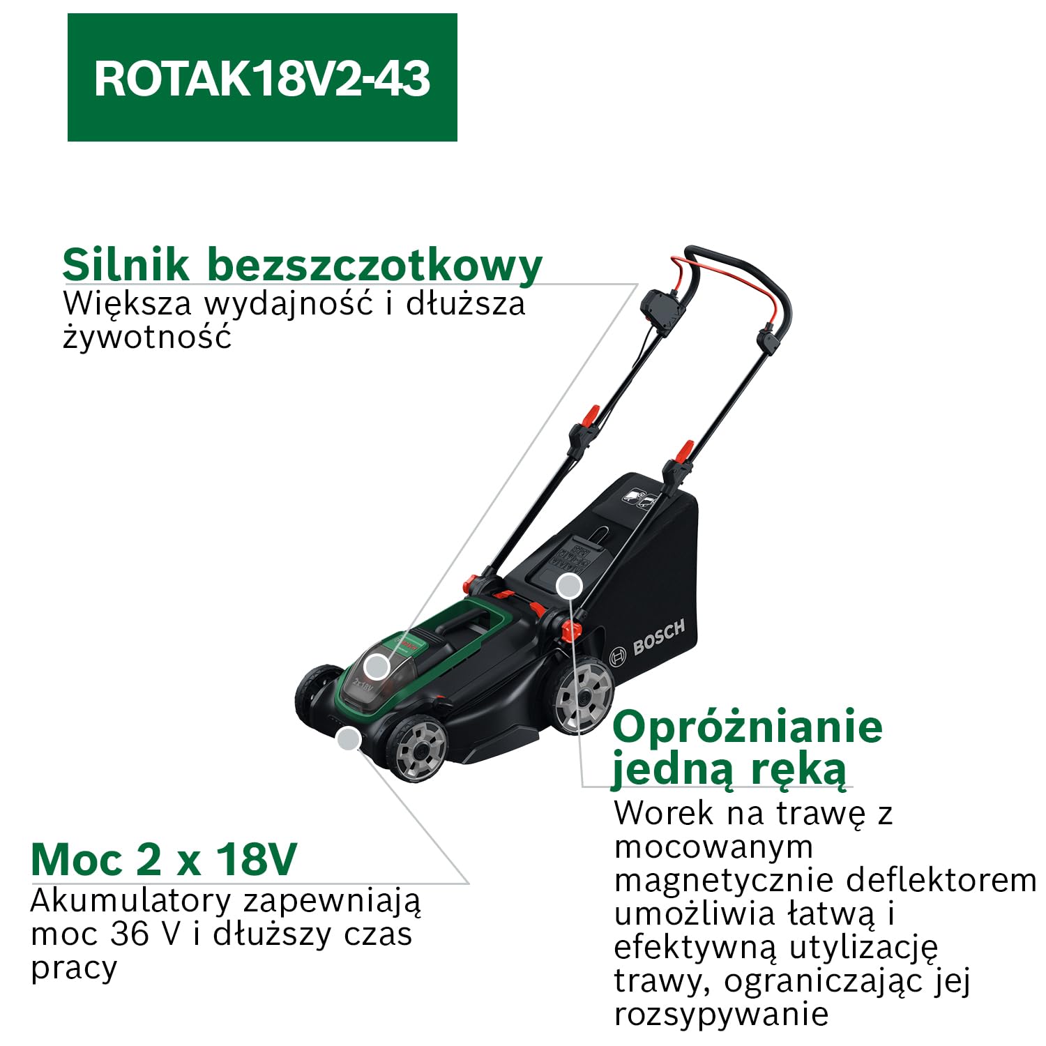Bosch Kosiarka akumulatorowa ROTAK18V2-43 (szerokość cięcia: 43 cm, wysokość cięcia: 30 – 75 mm, materiałowy worek na trawę 50 l, przystawka do mulczowania, 2 akumulatory 18 V i ładowarka)