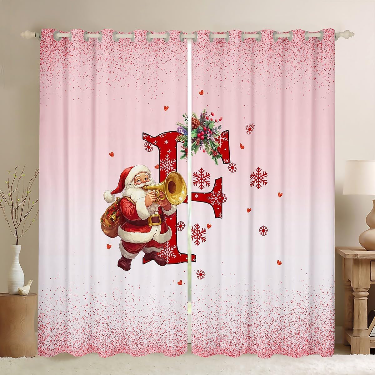 Feelyou Kids Pink Christmas Theme Curtain (2 Panels, 38 x 45 Inch) Alphabet Personalized Initials Letter F Window Drapes Boys Girls Xmas Snowflakes Cute Santa Claus Blackout Shades Room Decor