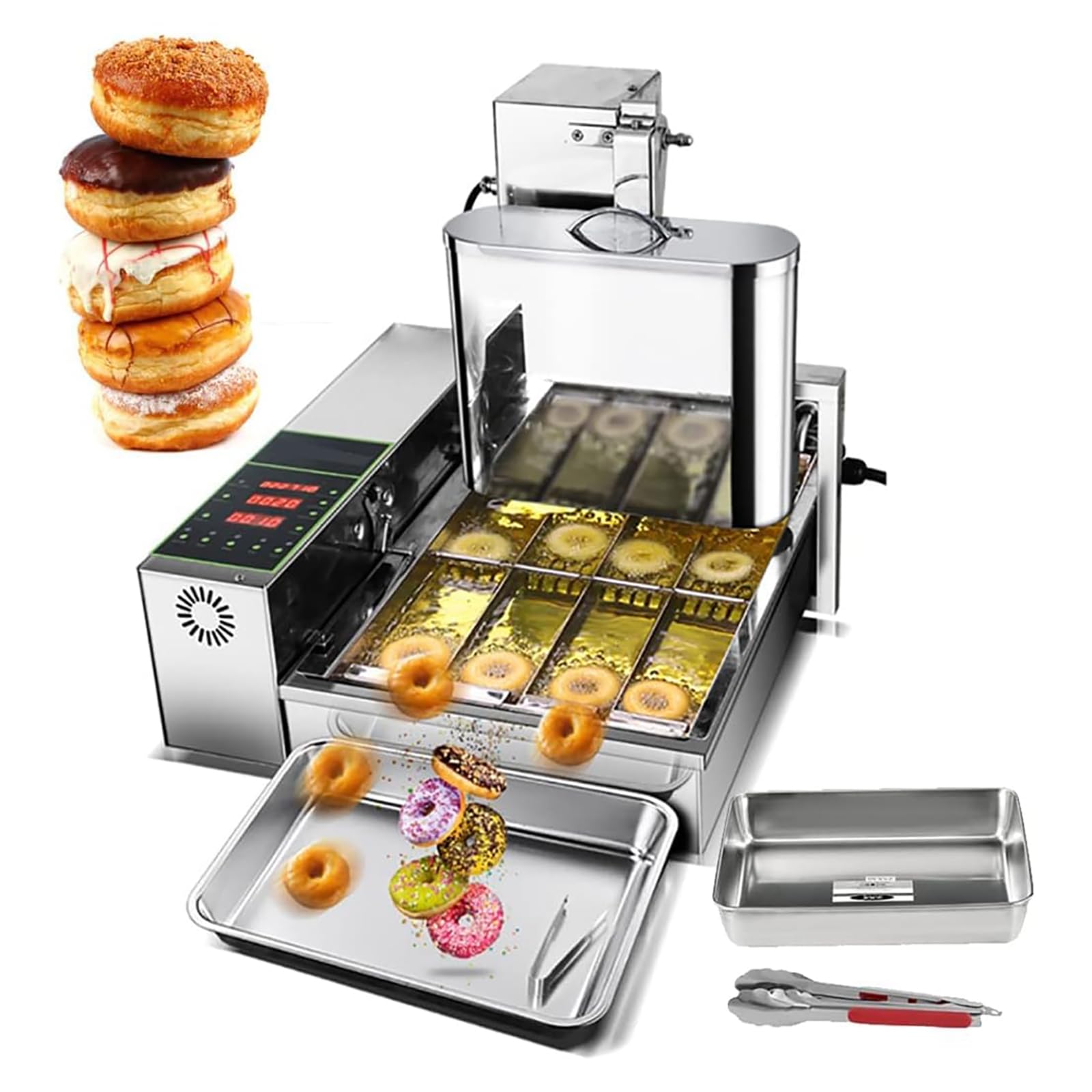 Automatic Donut Machine, Commercial Donut Making Machine, 4 Rows 6L Digital Donut Fryer, The Temperature Adjustment Range Is 50~220°, Adjustable Thickness Auto Flip, Which Is Very Convenient To Use