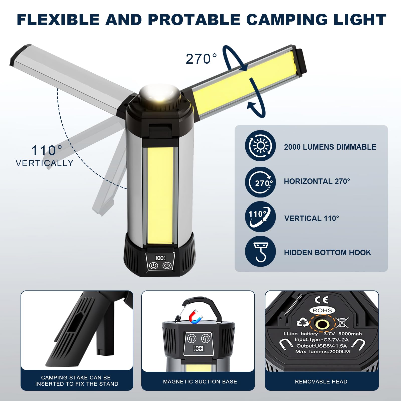Wiederaufladbare Camping-Laterne, Teleskop-Stativ und Magnetfuß, 2000 lm, Arbeitsleuchte mit 3 Farbtemperaturen, Taschenlampen-Modi und SOS-Rotlicht für Camping, Wandern und Notfall