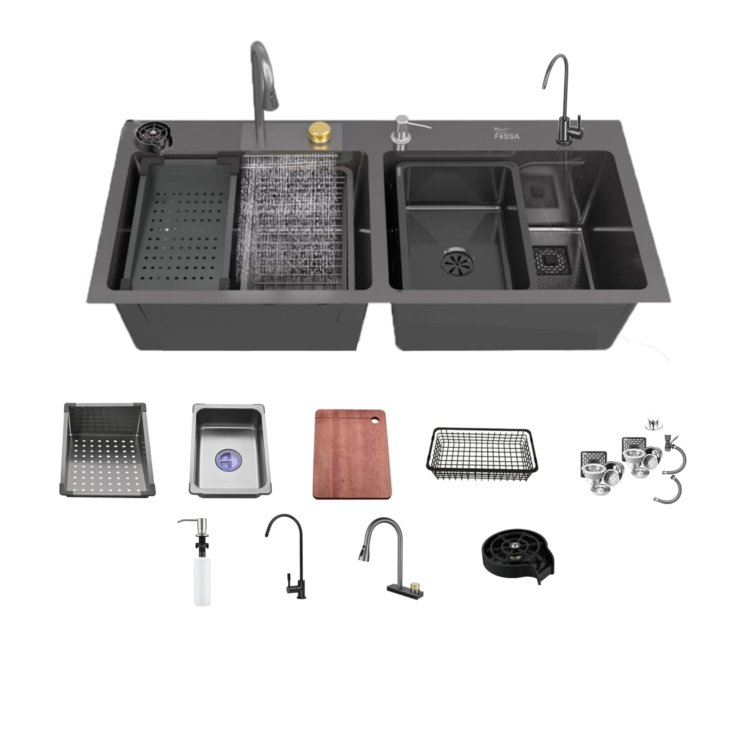Fossa 47"x18"x10" Double Bowl Waterfall Kitchen Sink Honeycomb Embossed Sink with Black Nano Coating, Stainless Steel, Rectangular Workstation, Faucet With Included All Accessories. (Black) (B0CHH9GY1J) Amazon Price History, Amazon Price Tracker
