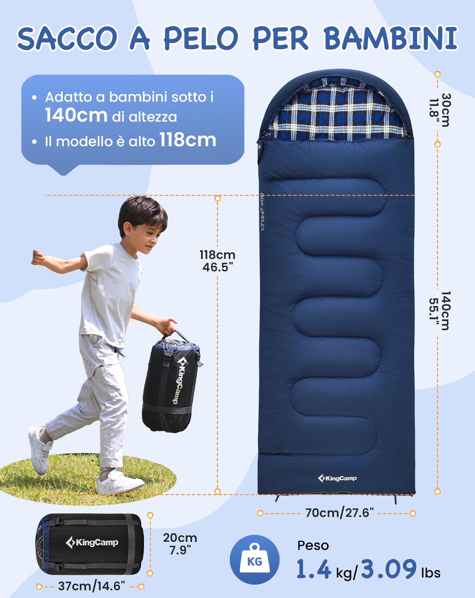 Kingcamp Sacco a Pelo Bambini Inverno,Flanella di Cotone,170 X 70 CM(Massima Adatta a 145 Cm),7℃ a -13℃,4 Stagioni,Coperta Invernale Compatta per Campeggio, Viaggi, Tende, Esterno e Interno