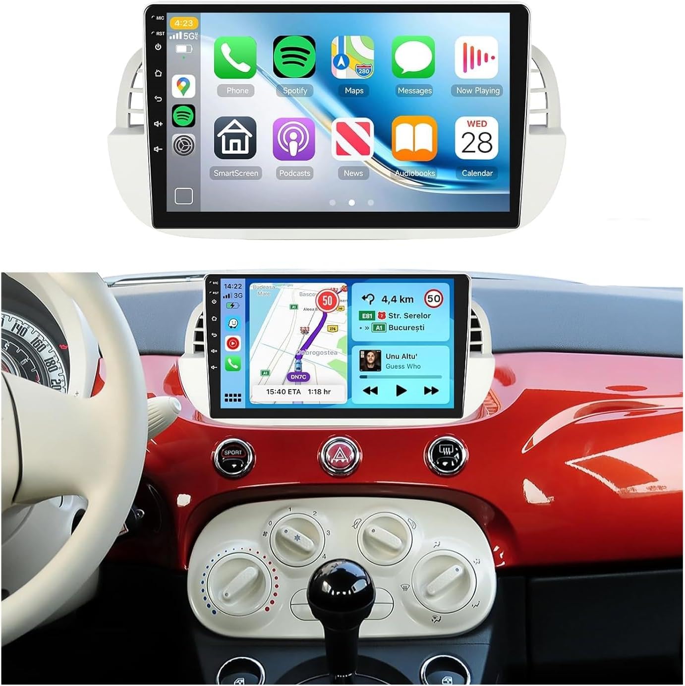Android 15 Radio for Fiat 500 2007-2015 Car Stereo with Wireless Carplay Android Auto 5.0 Bluetooth 32EQ 9inch 1280x720P IPS Touch Screen FM/RDS GPS WiFi HD Backup Camera,White