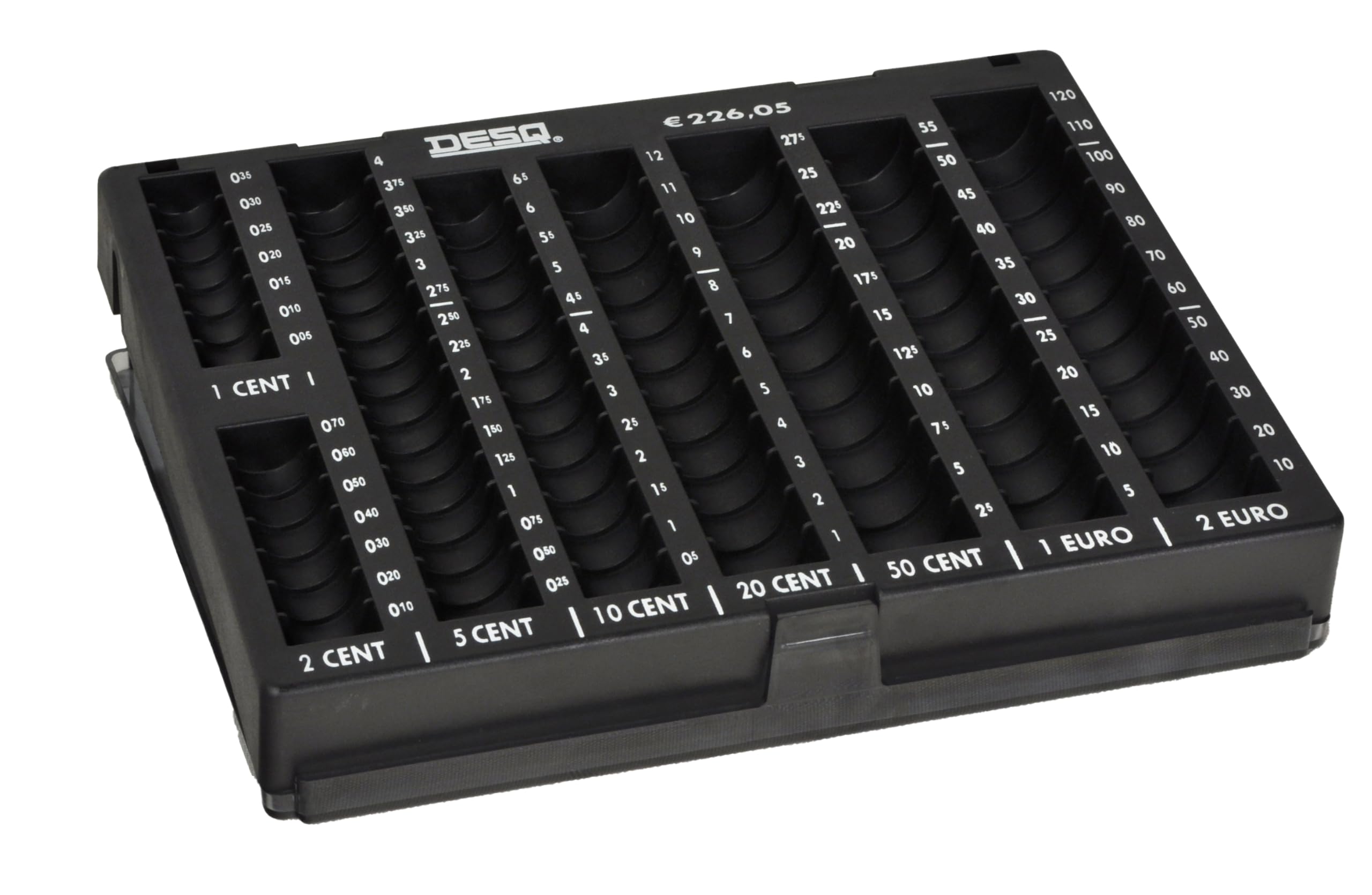 DESQ® Unité de tri de monnaie avec couvercle, adaptée pour les pièces en centimes et en euros, 8 compartiments, capacité de pièces de 226,05 €