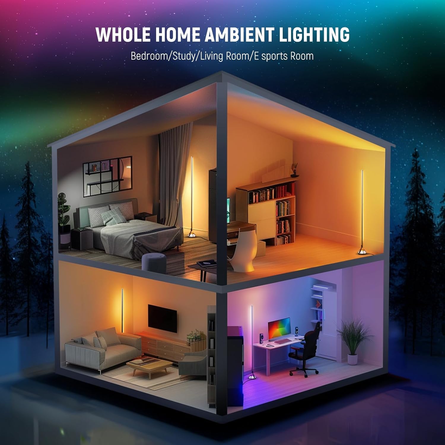 NEEWER Inteligentna lampa podłogowa RGBW, lampa narożna LED o mocy 1500 lm, kompatybilna z Alexą i Asystentem Google, sterowanie aplikacją/AI DIY/synchronizacja muzyki/16 milionów kolorów, NF01