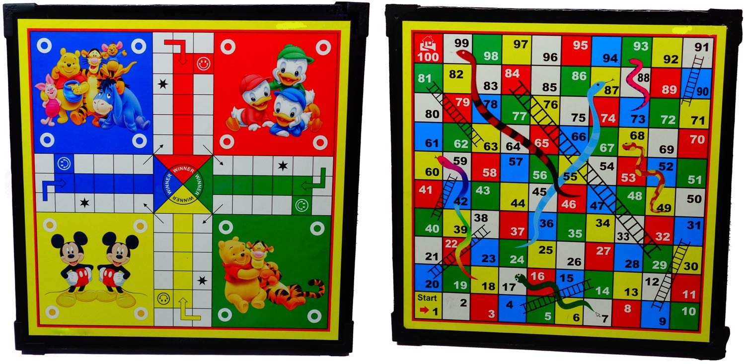 Mimi® Wooden Board 13x13 Inches Ludo with Free 12 Coins & dice Roller, Snakes & Ladders (Multicolour, Large (Snakes & Ladders))