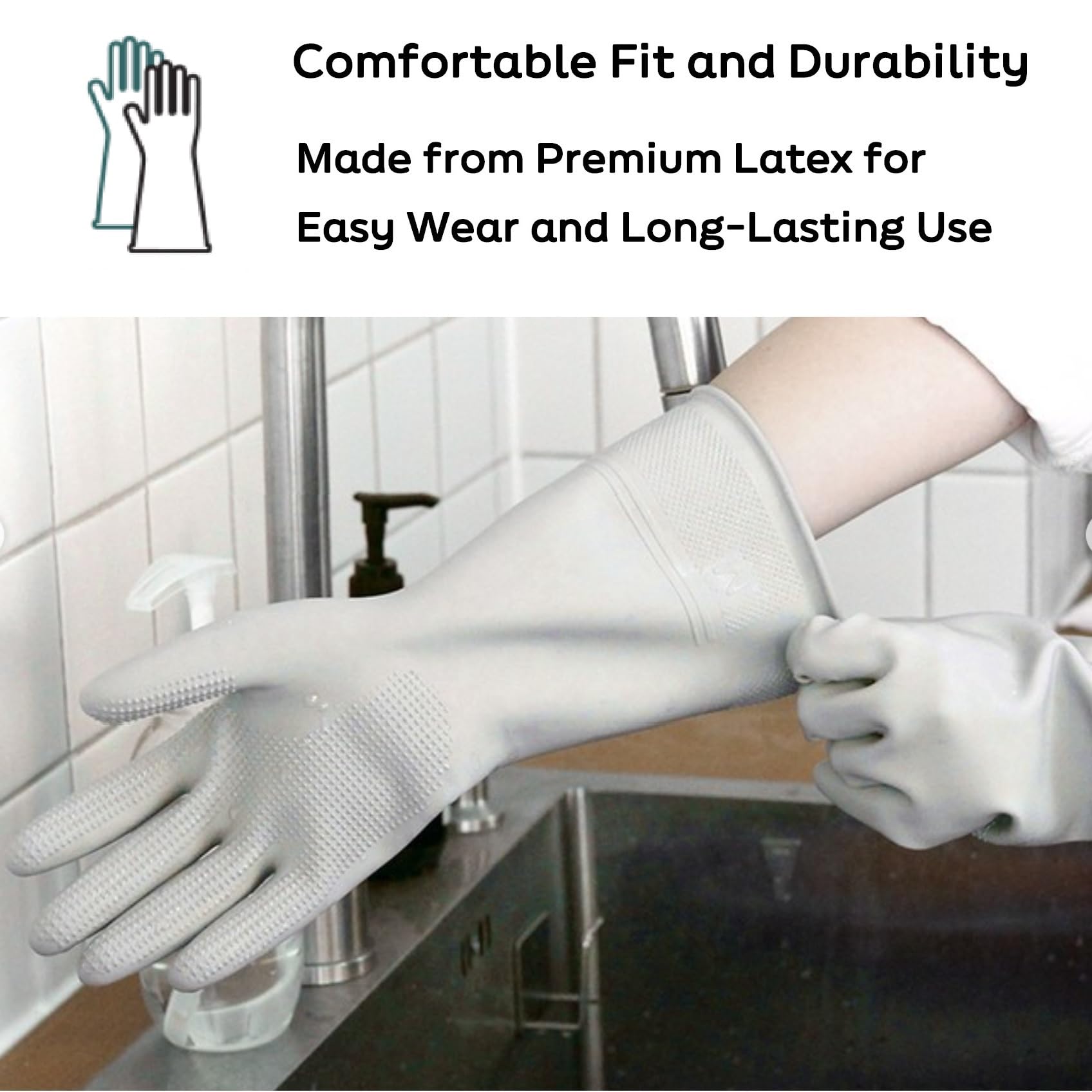 Myungjin 2 Paar wiederverwendbare, wasserdichte, rutschfeste Latex-Gummihandschuhe mit Wabengriff, mit Haken zum Aufhängen / Aufhängen / Schlaufen zum Aufhängen, für Geschirrspülen, Haushaltsreinigung