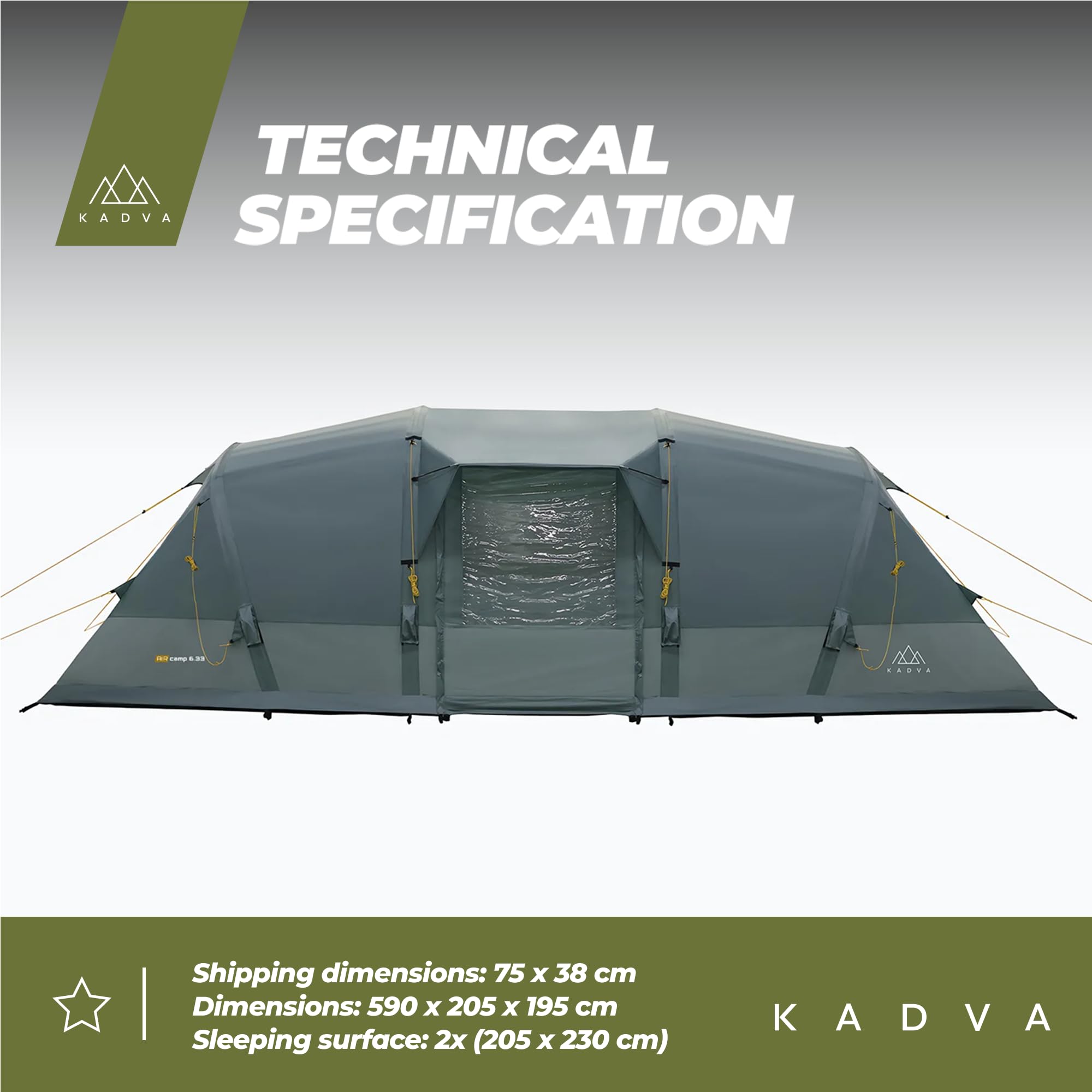KADVA Namiot kempingowy Aircamp dla 6,33 osób, z pompką, konstrukcja tunelowa, 590 x 205 x 195 cm, wodoszczelność 3000 mm, przestronny daszek nad wejściem, duża powierzchnia do spania, kolor zielony | Wodoodporny, poliester, wymiary 205 x 230 cm, waga 17
