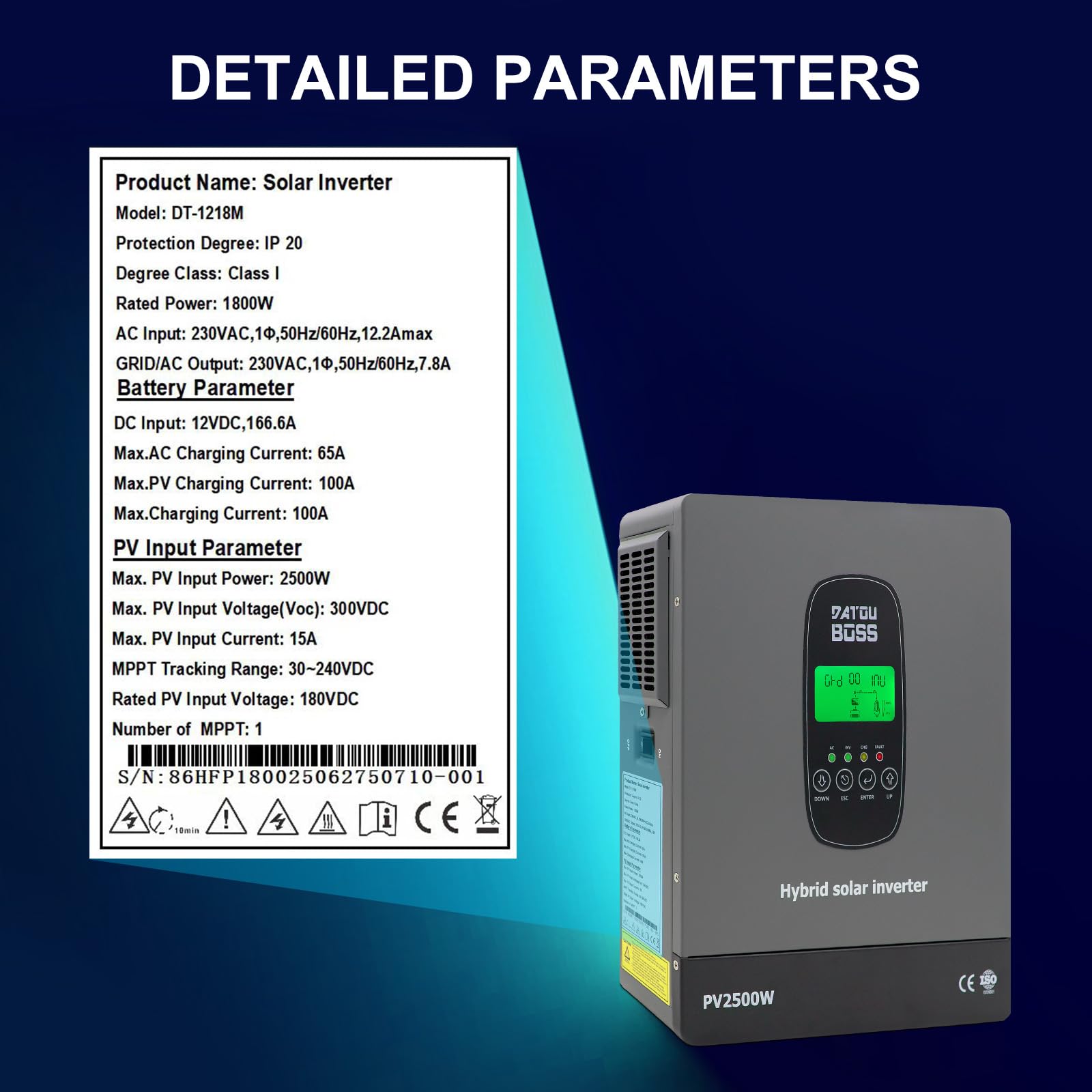 DATOUBOSS 1800W Inverter Ibrido Solare 12V, Onda Pura, potenza di ingresso fotovoltaica da 2500W,Supporta il Funzionamento Senza Batteria,100A MPPT,per Sistemi Off/On-Grid