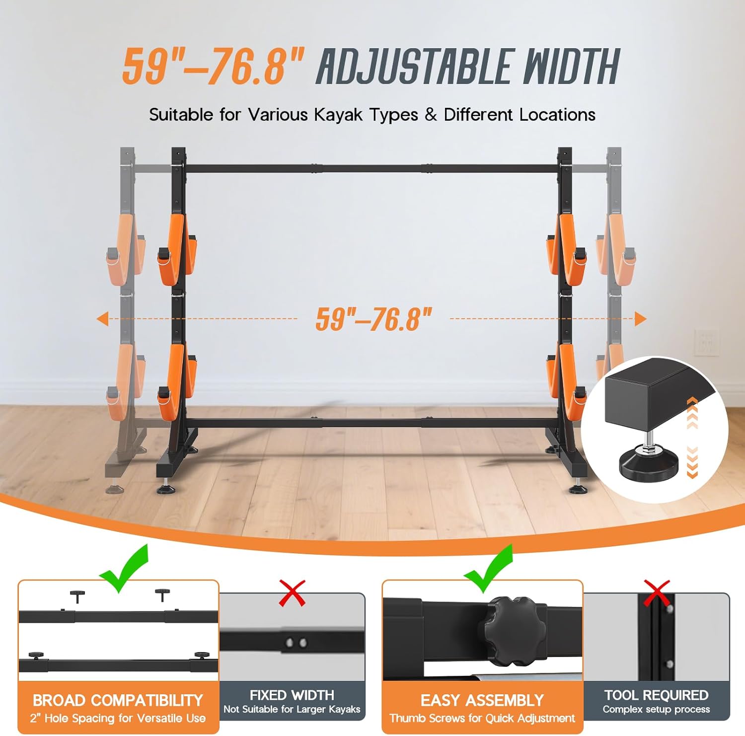 SPECRAFT Freestanding Kayak Storage Rack, Adjustable Width Stand with Stable Base, Elastic Ropes, EVA Tube Sleeves, for Indoor Outdoor Garage