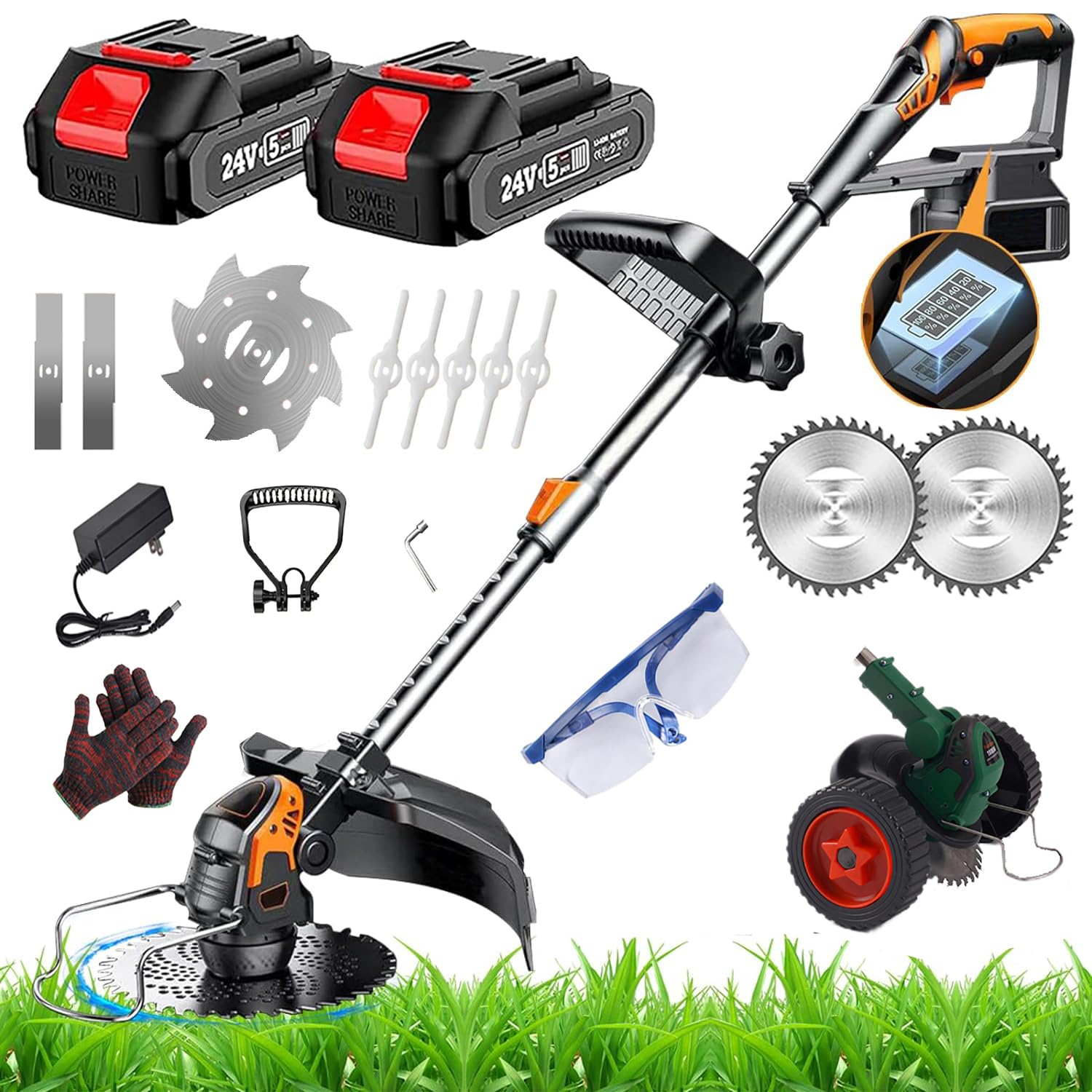 Desbrozadora Electrica Bateria con Ruedas,Cortasetos Electrico con 2 Baterías 24v,Tubo Telescópico,con 4 Tipos De Cuchillas,Cabezal Desbrozadora 90° para Césped Jardín Poda (sin Ruedas)
