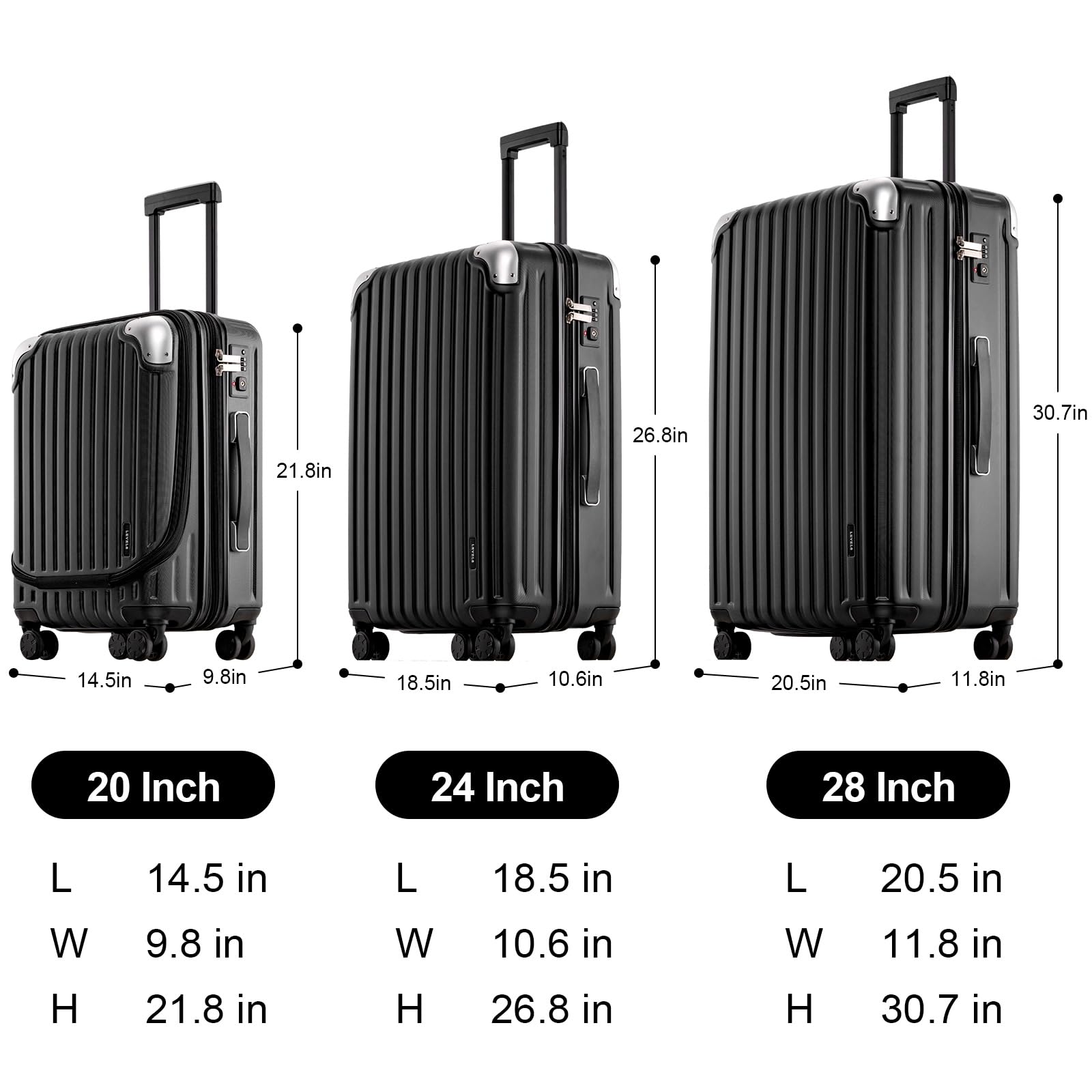 LEVEL8 Set di 3 Valigie Bagaglio a Mano Valigia Trolley Rigido Ultra Leggero in ABS+PC Valigie da Viaggio con Chiusura TSA e 4 Ruote Doppie Girevoli(Nero, 20"/24"/28" Set)