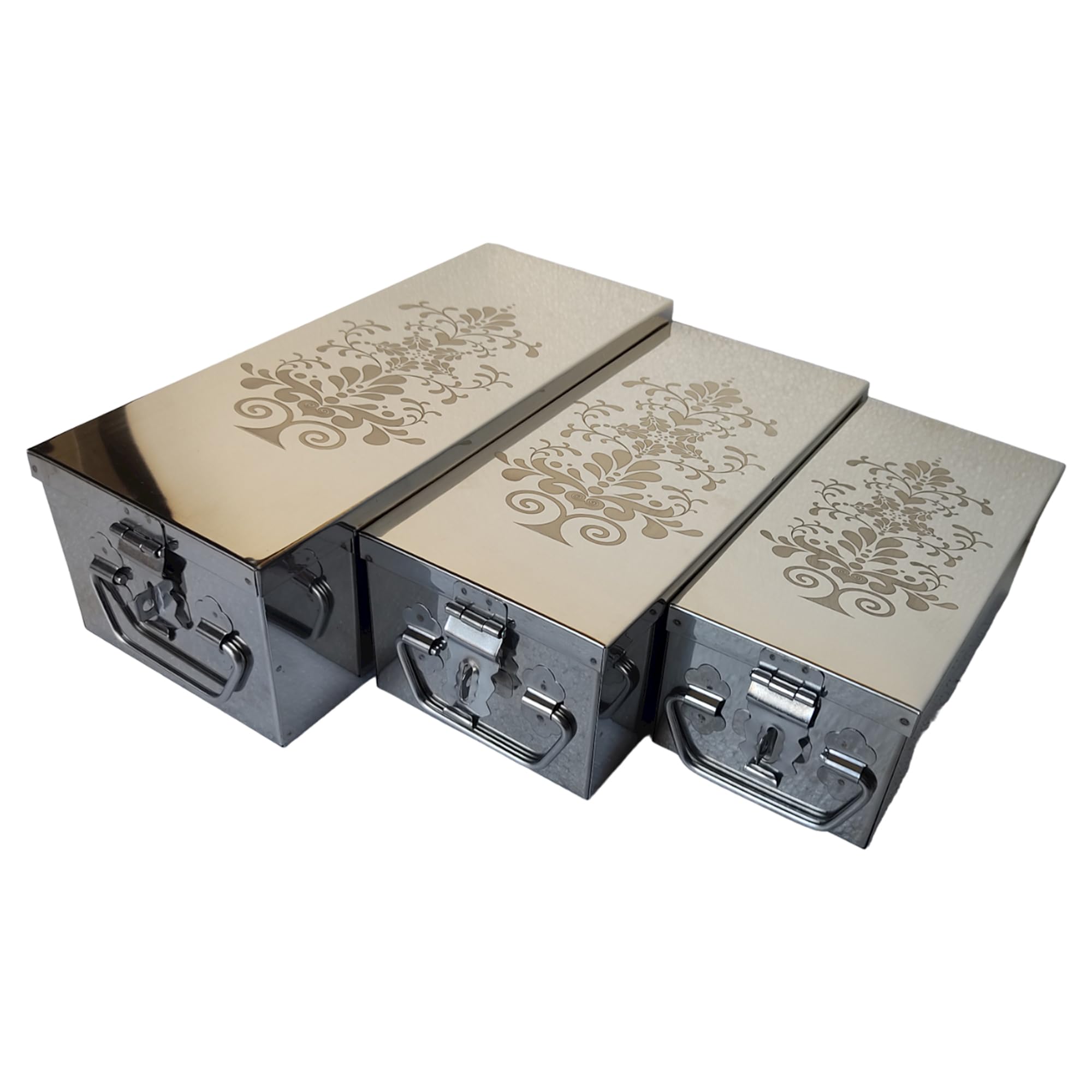 GinoSet® Stainless Steel safe Locker Boxes For Cash Peti Pooja Jewellery set Box (Multi_Pack of 3) Size -8 Inch, 10 Inch, 12 Inch With Laser Printed Tree 2