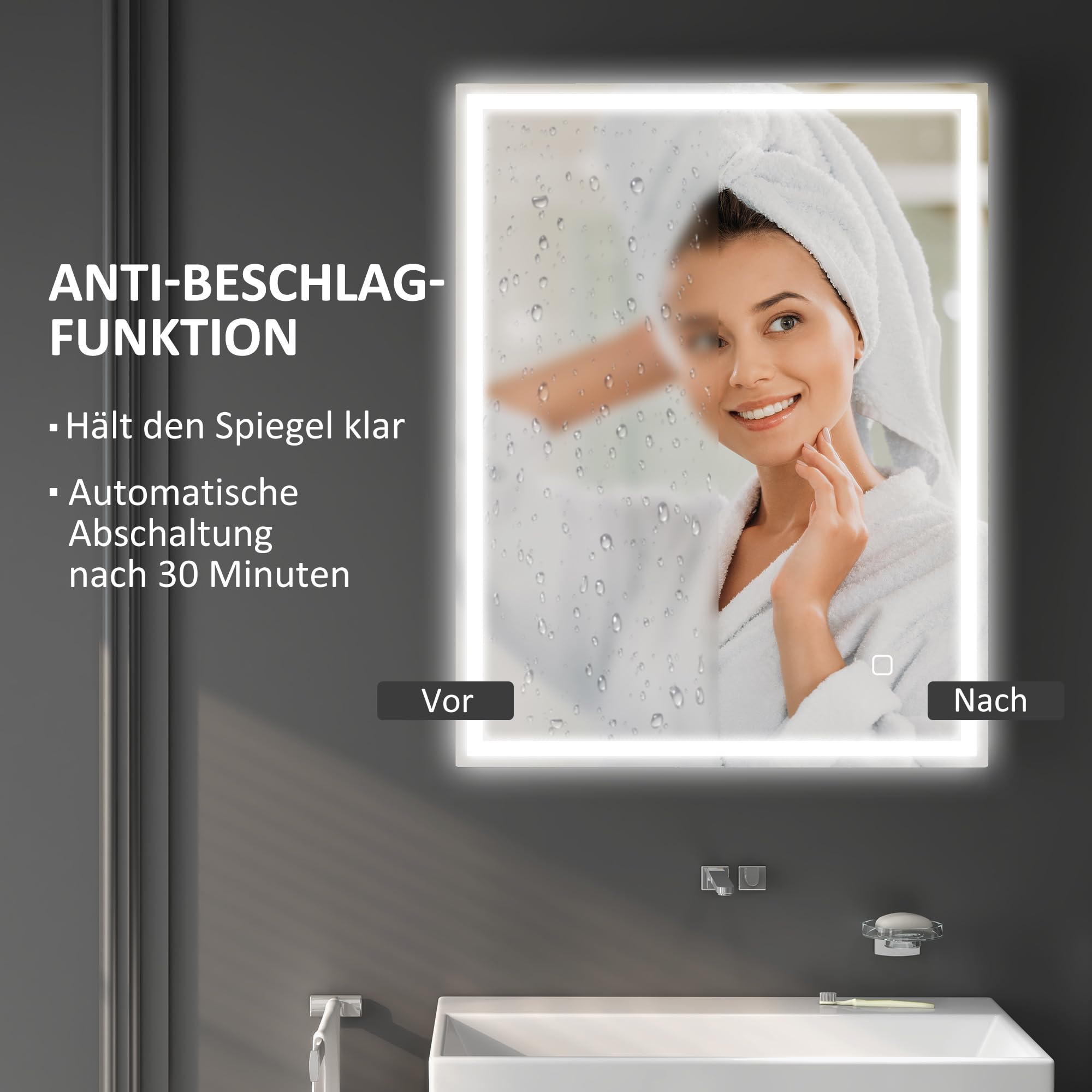 HOMCOM Badspiegel mit Beleuchtung 90x70 cm LED Spiegel Wandspiegel mit Memory-Funktion 3 Lichtfarben Beschlagfrei Lichtspiegel mit Touchschalter Silber