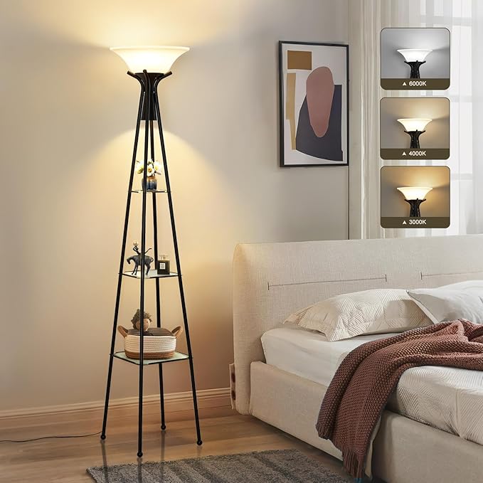 Luvkczc Luvkczc Floor Lamp with Shelves, 69” Tall Torchiere Floor Lamps for Living Room, 3-Tier Glass Shelf Lamp, Black Standing Lamp with Plastic Shade, Adjustable Color Temperatures (Bulb Include)