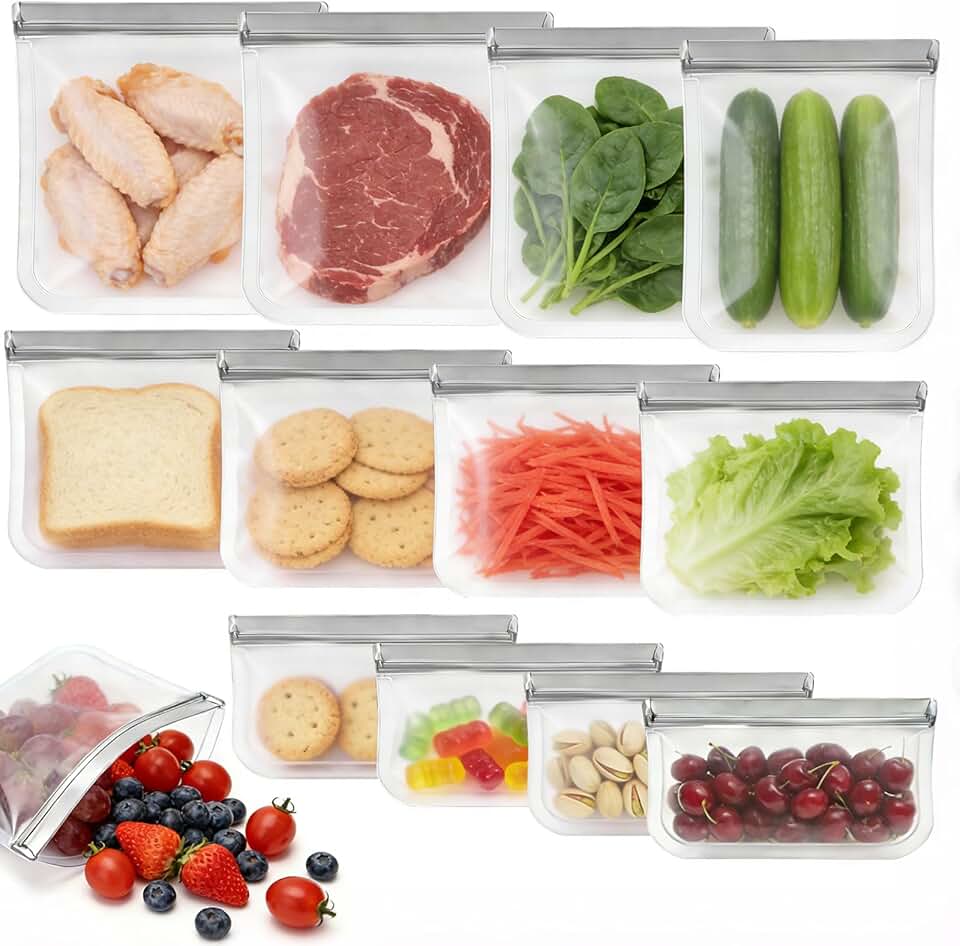 12 Pack Silicone Bags for Food Storage,Reusable Silicone Food Storage Bags,Freezer, Microwave & Dishwasher Safe,Reusable Freezer F