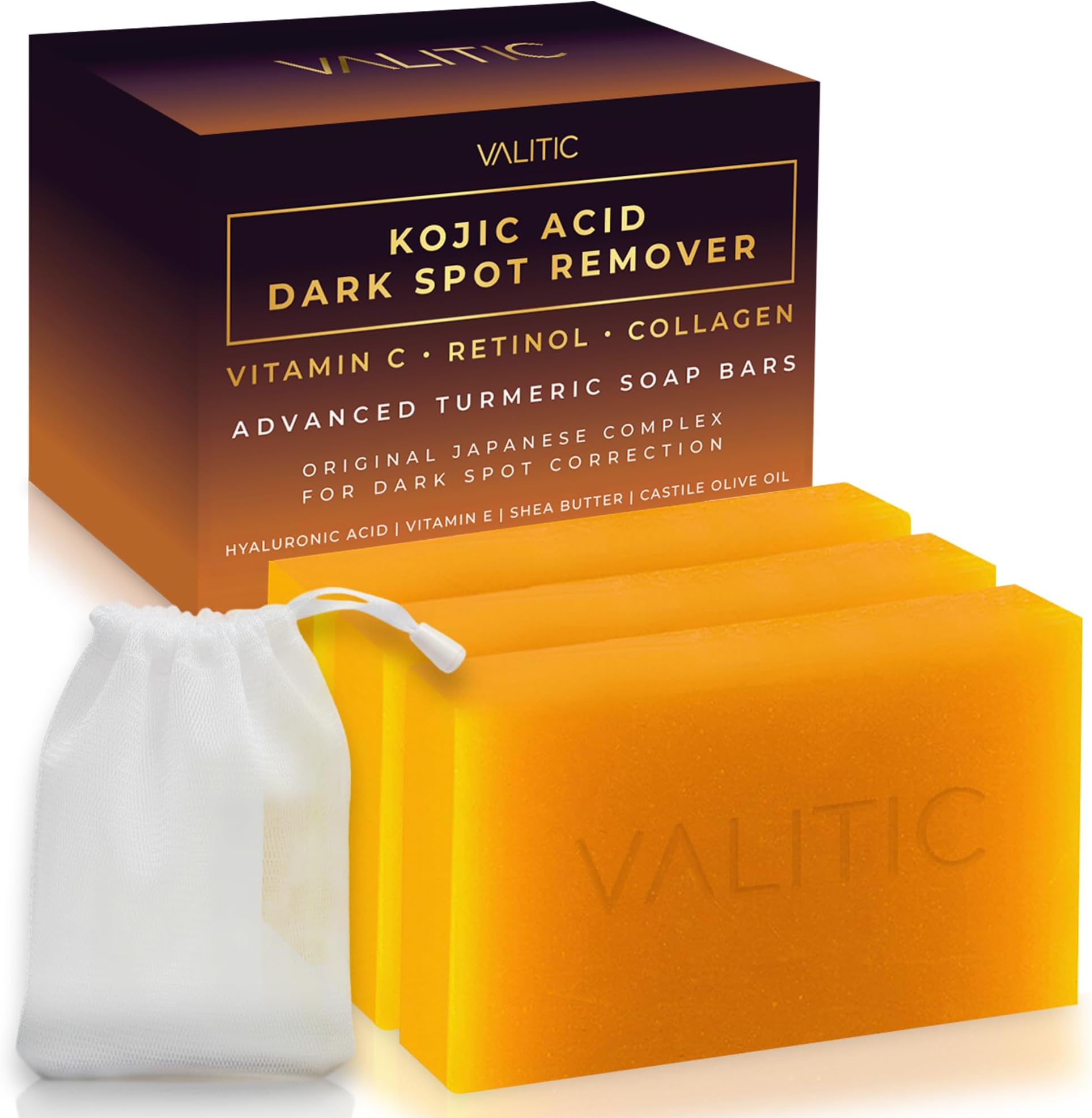Valitic Unisex Dark Spot Corrector Bar, 100g - Exfoliating, SLS and Paraben-Free Turmeric Soap for Skin Tone Correction, Vitamin C, Retinol and Collagen Blend