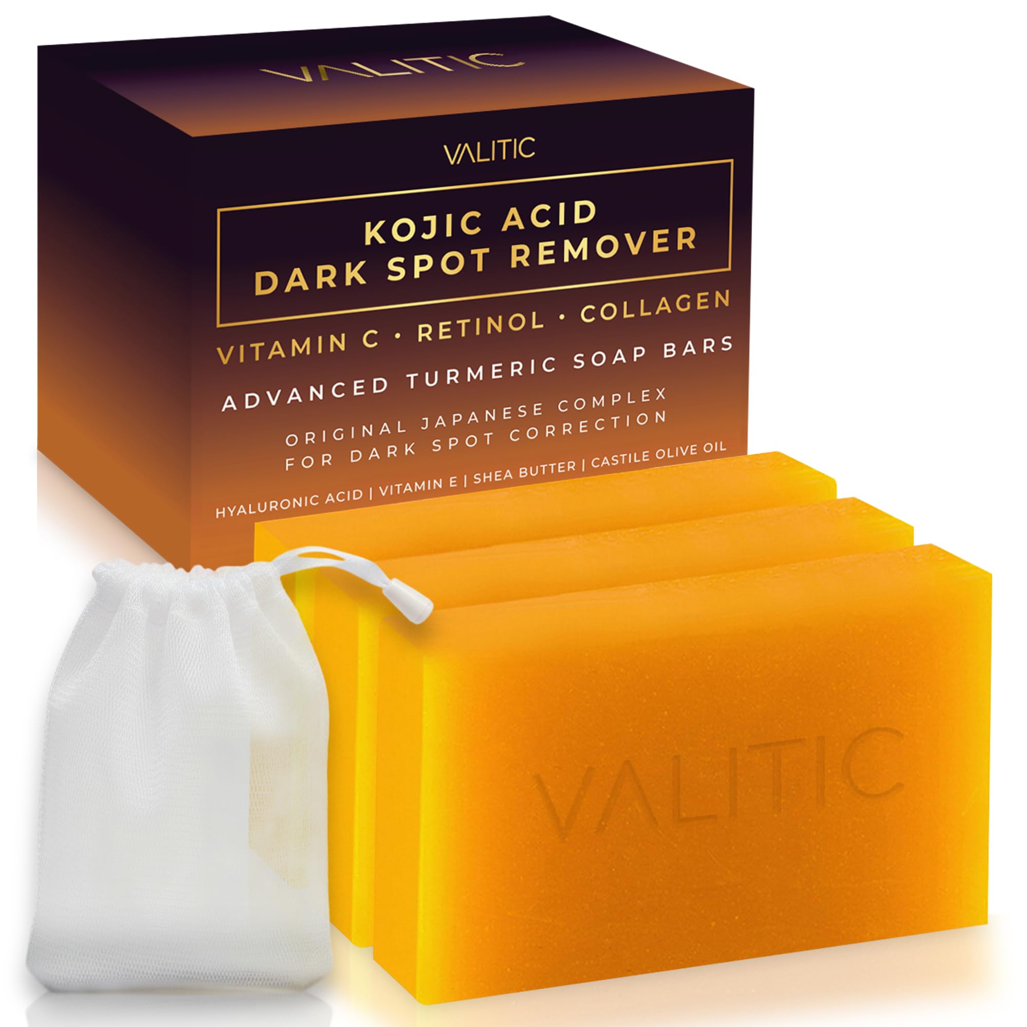 Valitic Unisex Dark Spot Corrector Bar, 100g - Exfoliating, SLS and Paraben-Free Turmeric Soap for Skin Tone Correction, Vitamin C, Retinol and Collagen Blend