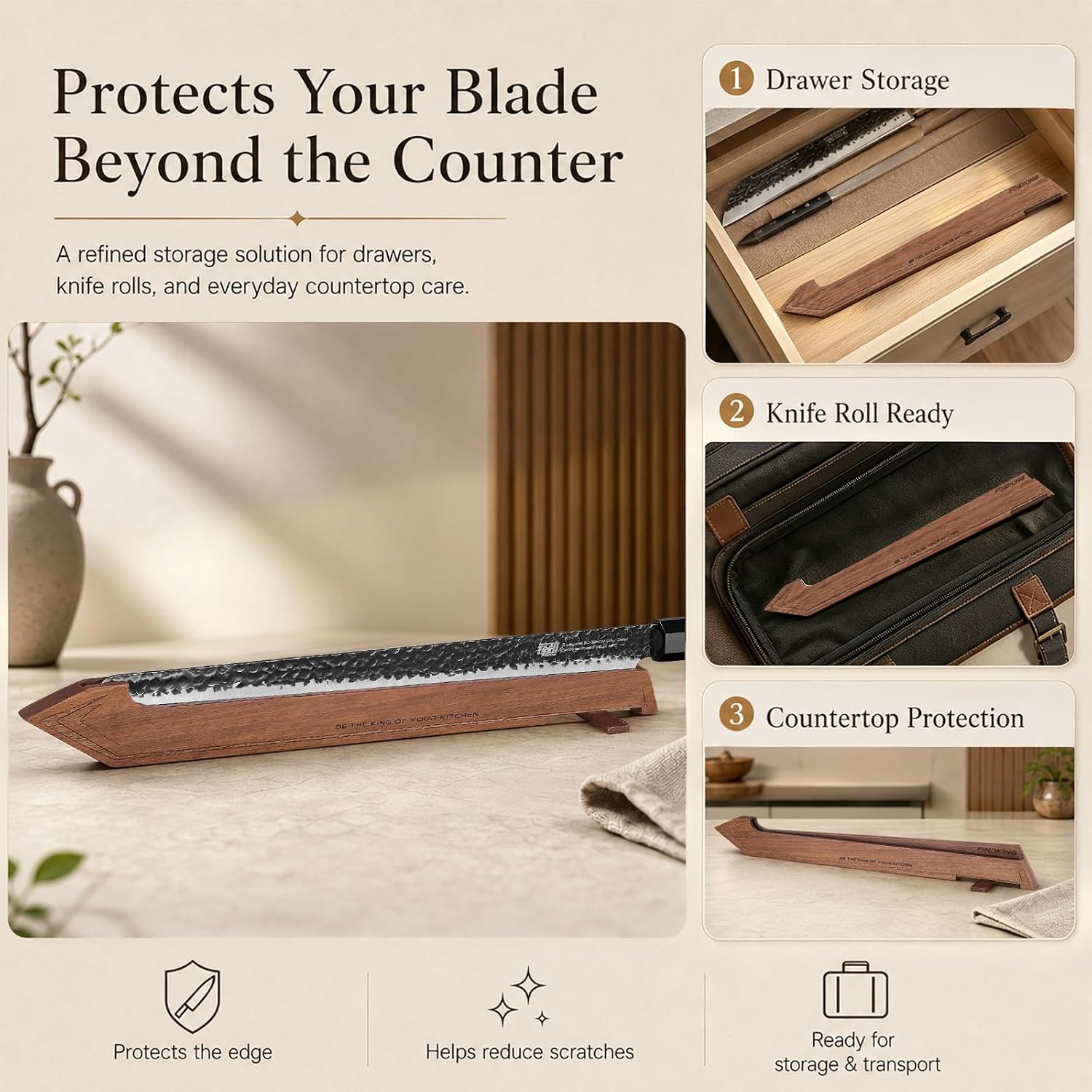 FINDKING Magnetic Edge Guard with Stand, Walnut Wood Blade Cover & Mini Knife Block for Counter Storage, Portable Protector for 12" Slicing Knife image 4
