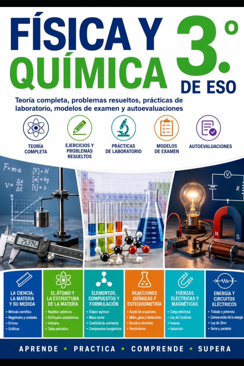 Física y Química 3.º de ESO: Teoría completa, problemas resueltos, prácticas de laboratorio, modelos de examen y autoevaluaciones (Física, Química y Matemáticas para ESO y Bachillerato)
