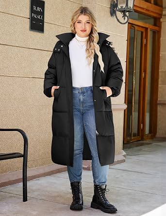 HEEKPEK Womens Plus Size Winter Coats Long Puffer Jackets Hooded Quilted Water Repellent Warm Trendy Parka Outerwear 2025 (Black,X-Large)