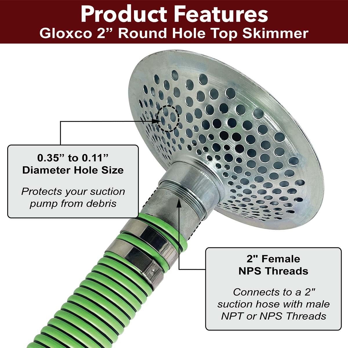 Gloxco 2" Skimmer Suction Strainer, Top Hole, Zinc Plated Steel (STR-SKTH200)