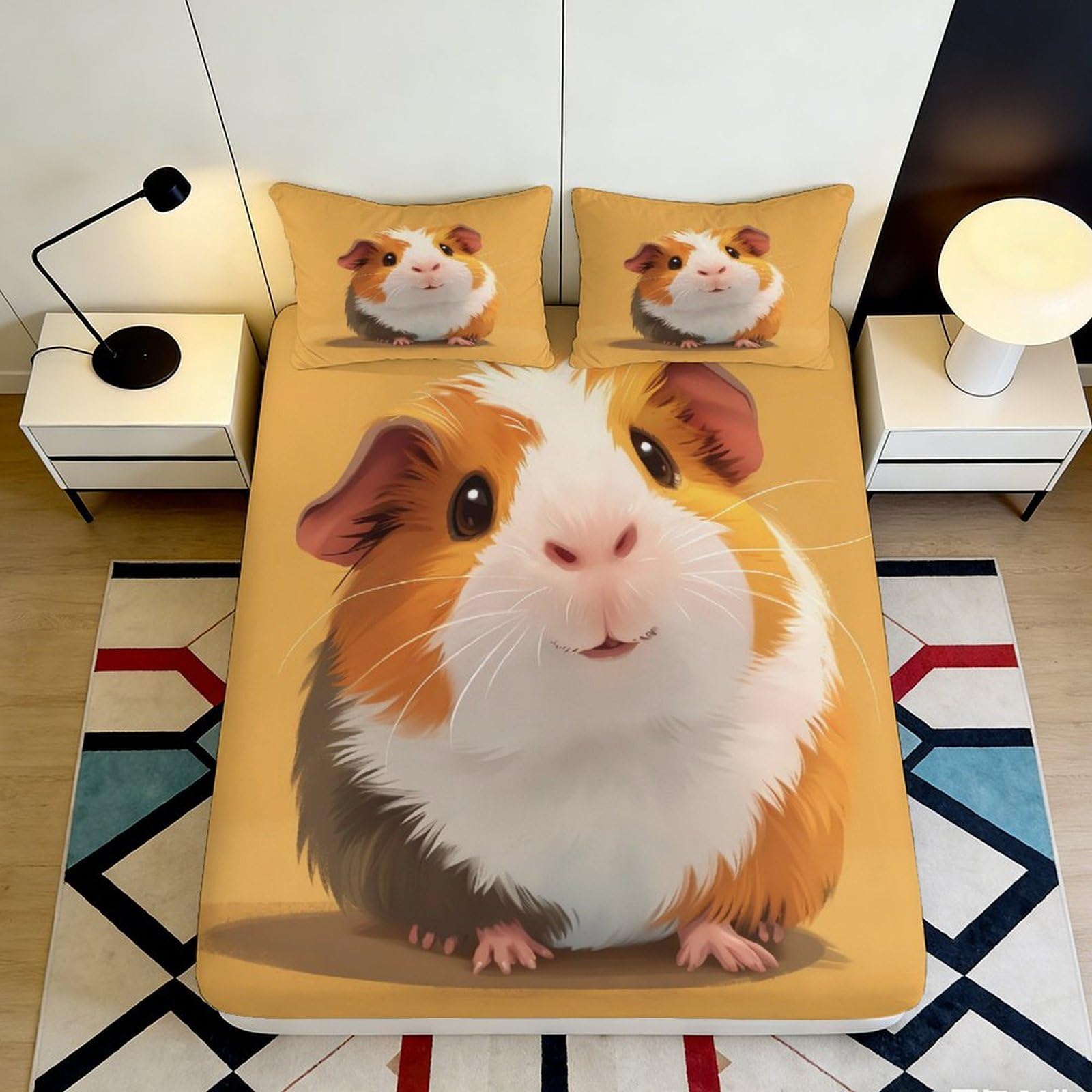 3D Printed Guinea Pig Fitted Sheet Microfiber Soft Animal Cartoon Bed Cover for Bedroom Dorm Mattress Protection Decor 90x200x25cm