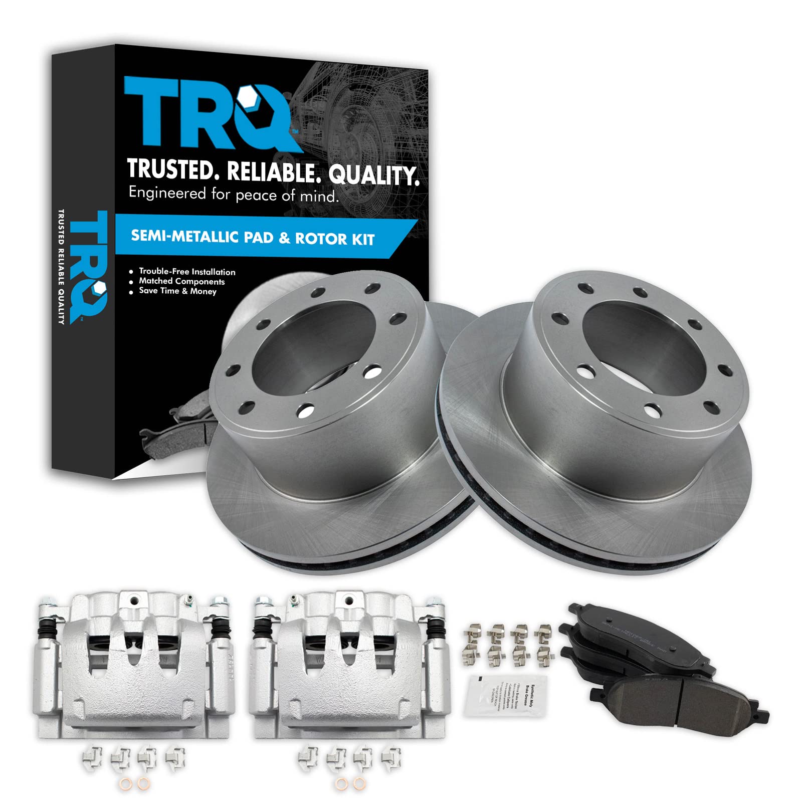 TRQ Rear Brake Pad, Caliper, &amp; Rotor Kit Semi-Metallic Vented Compatible with 2006-2007 Ford F-250 Super Duty F-350 Super Duty